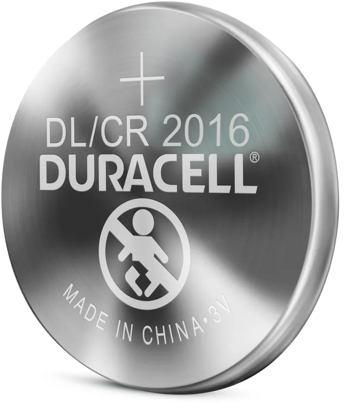 Eine Duracell DL/CR 2016 Batterie. Sie ist silberfarben mit weißem Text, einschließlich des Duracell-Logos und einem Warnsymbol.