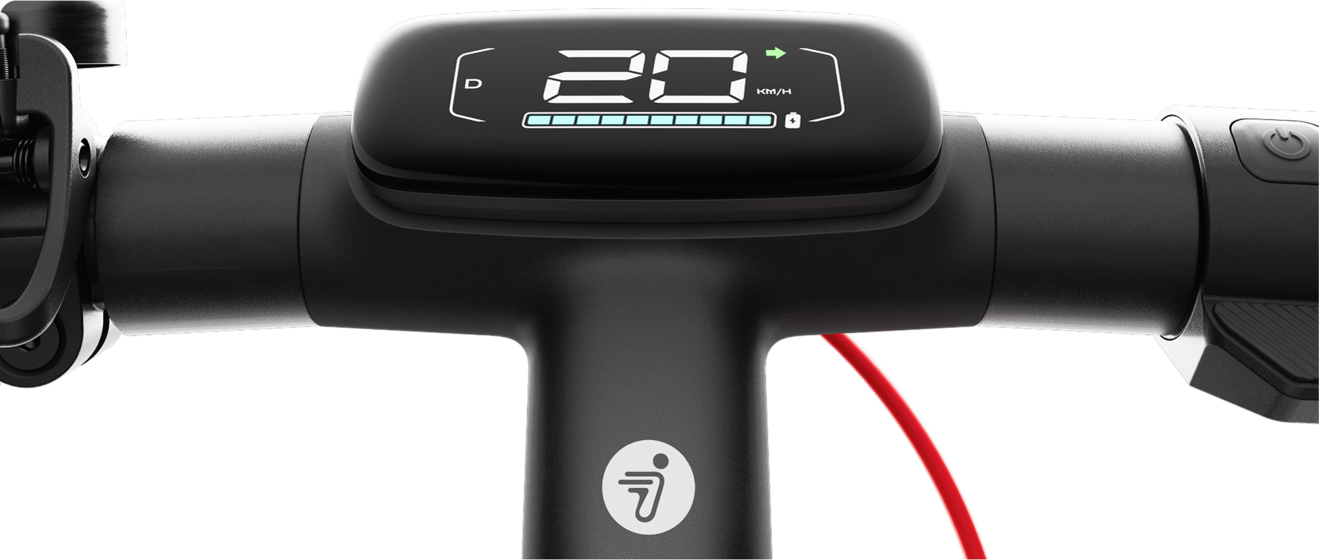 Gros plan du guidon de la trottinette. L'écran affiche 20 km/h. Guidon noir avec câble rouge.