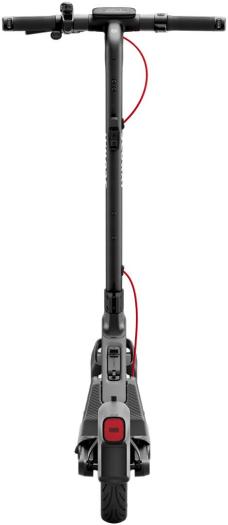 L'image montre la vue de face d'une trottinette électrique grise et noire avec un câble rouge.