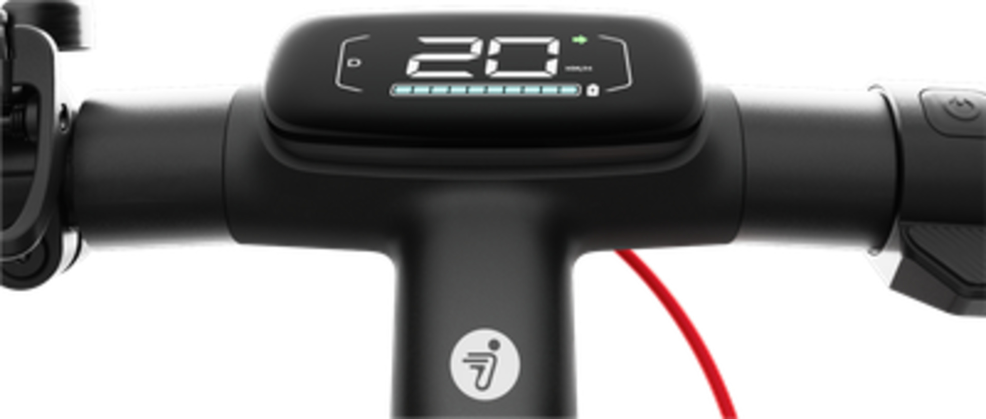 Guidon de scooter noir avec affichage numérique indiquant '20'. Câble rouge et logo blanc visibles.
