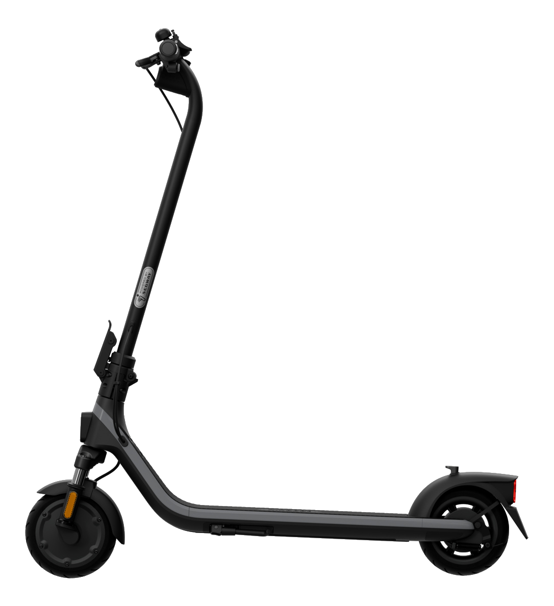 Un scooter électrique noir est présenté de profil. Il possède un guidon, une plateforme, deux roues et un feu arrière. Le fond est noir.