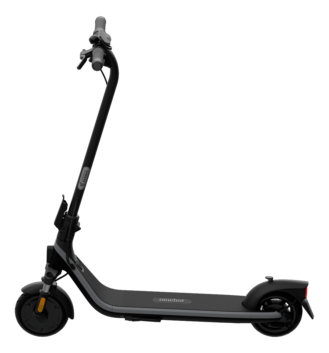 Une trottinette électrique Ninebot noire est présentée sur fond noir. La trottinette a un guidon, un plateau et deux roues.
