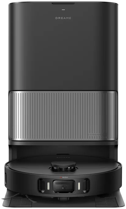 Un aspirateur robot Dreame noir et argenté. Le haut porte le nom de la marque. La base est ronde, avec une caméra et des boutons.