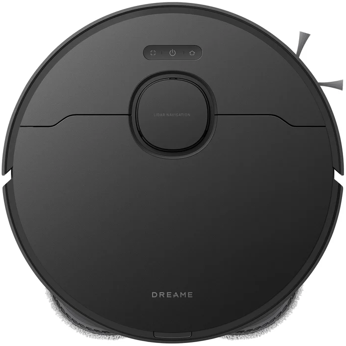 Un aspirateur robot Dreame noir. Comprend un lidar, un bouton d'alimentation et des brosses de nettoyage. La base a un tampon de nettoyage blanc.