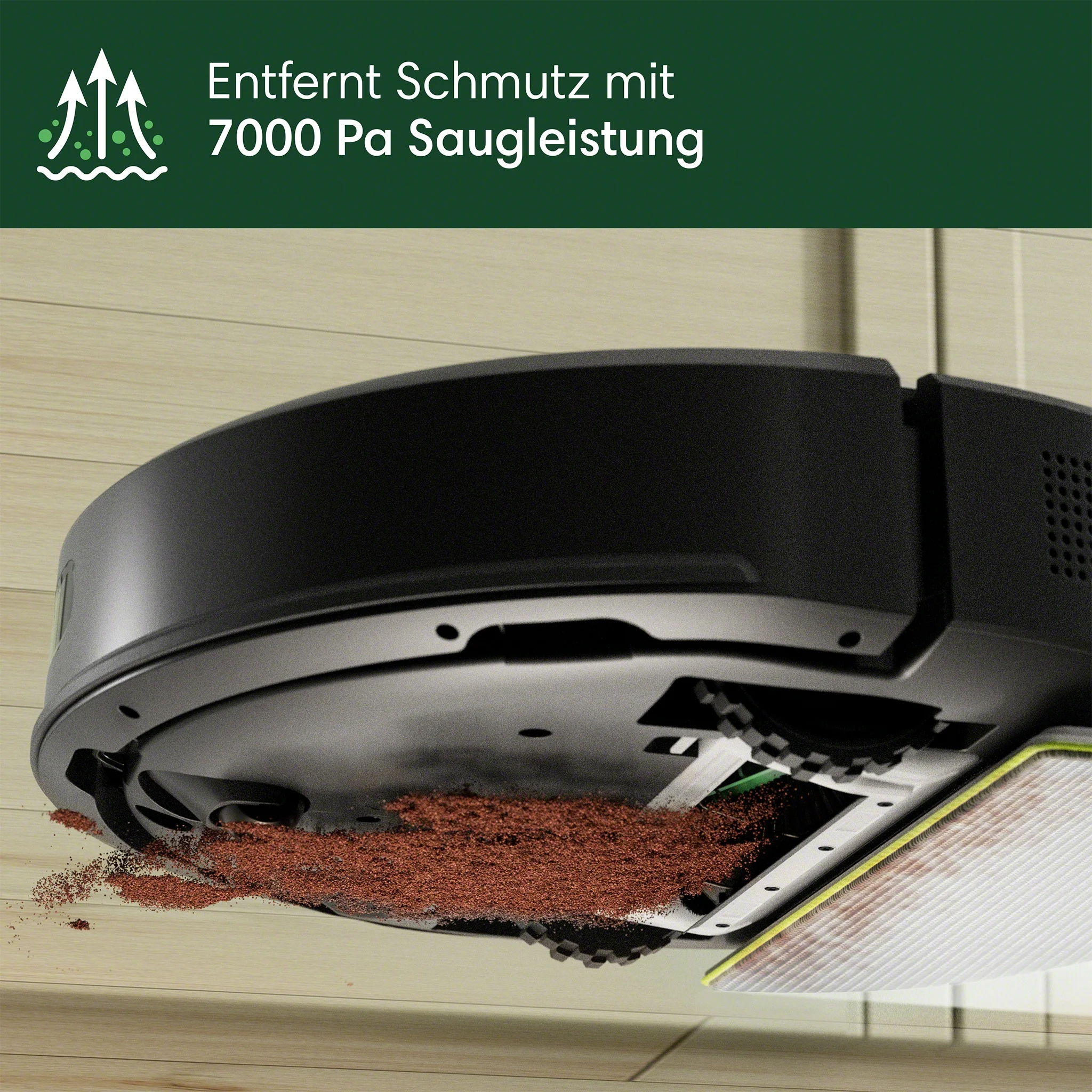 Ein schwarzer Roboter-Staubsauger reinigt Schmutz auf Holzboden. Text: Entfernt Schmutz mit 7000 Pa Saugleistung.