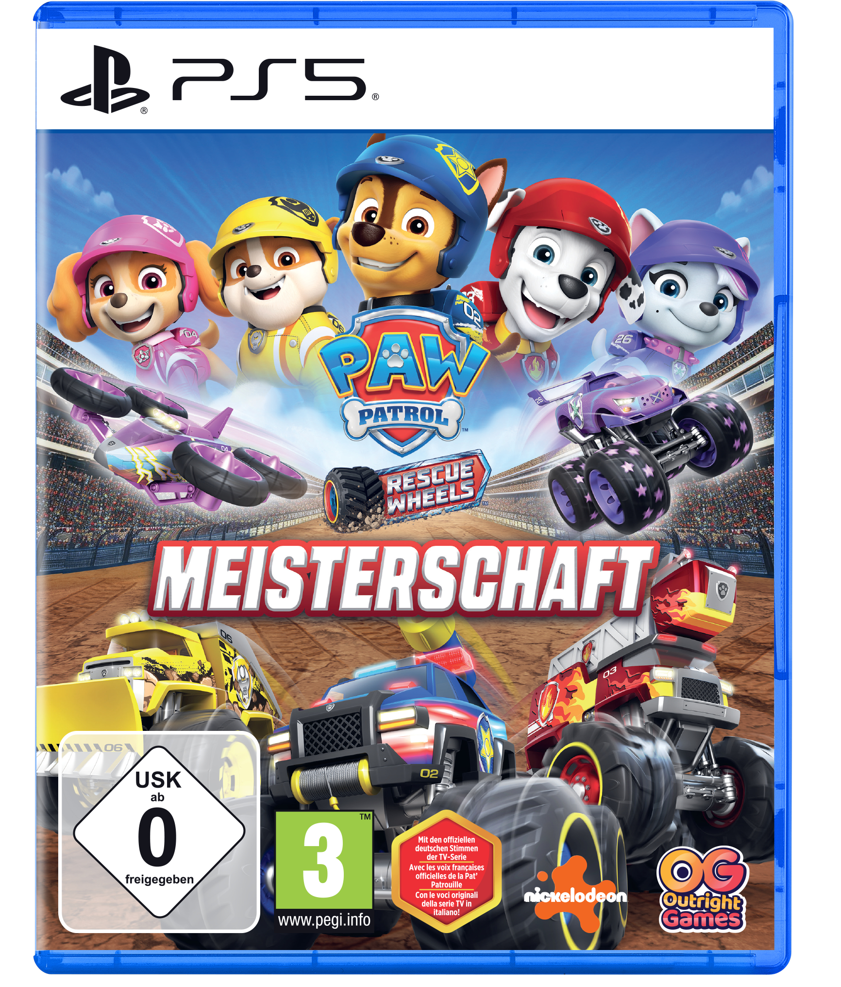 PAW Patrol Spielcover. Welpen in Monstertrucks rasen auf einer Rennstrecke. Der Titel lautet 'MEISTERSCHAFT'.