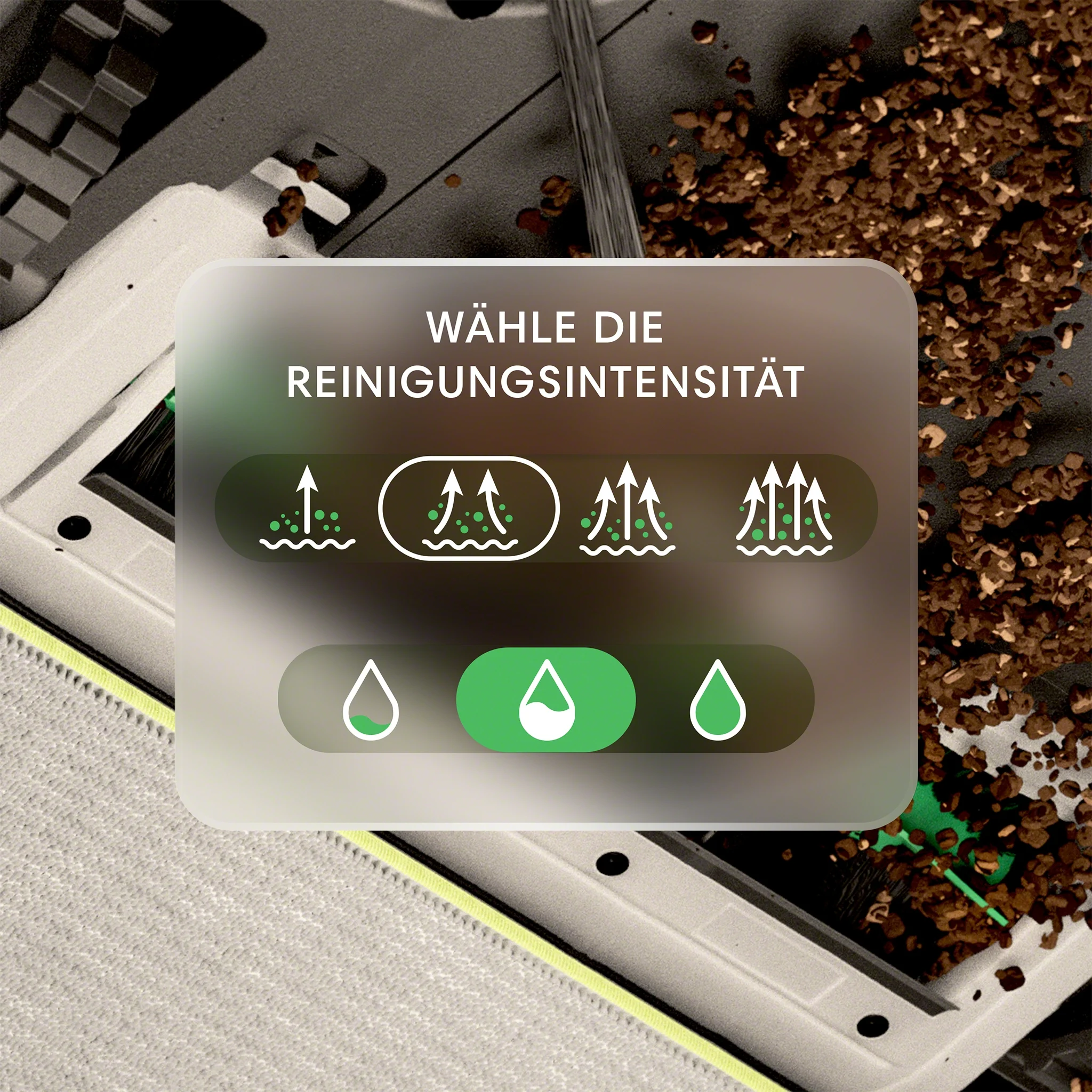 Ein Reinigungsroboter mit Bildschirm, der Reinigungsintensitätsoptionen anzeigt. Kaffeepulver ist verstreut.