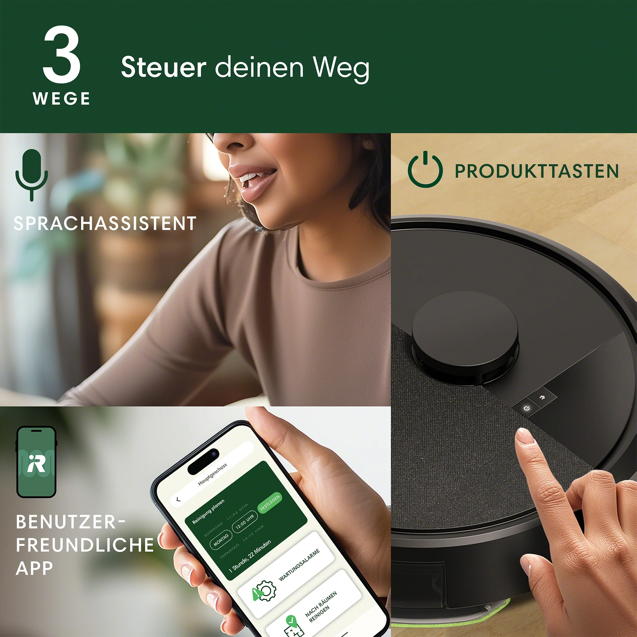 Das Bild zeigt eine Frau, ein Telefon mit einer App und einen Roboterstaubsauger. Text auf Deutsch.