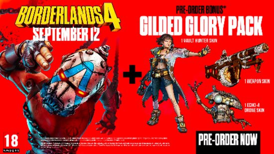 Borderlands 4 advertentie. Bevat een personage, wapens en een drone, allemaal tegen een rode achtergrond. De tekst zegt "Pre-Order Now".