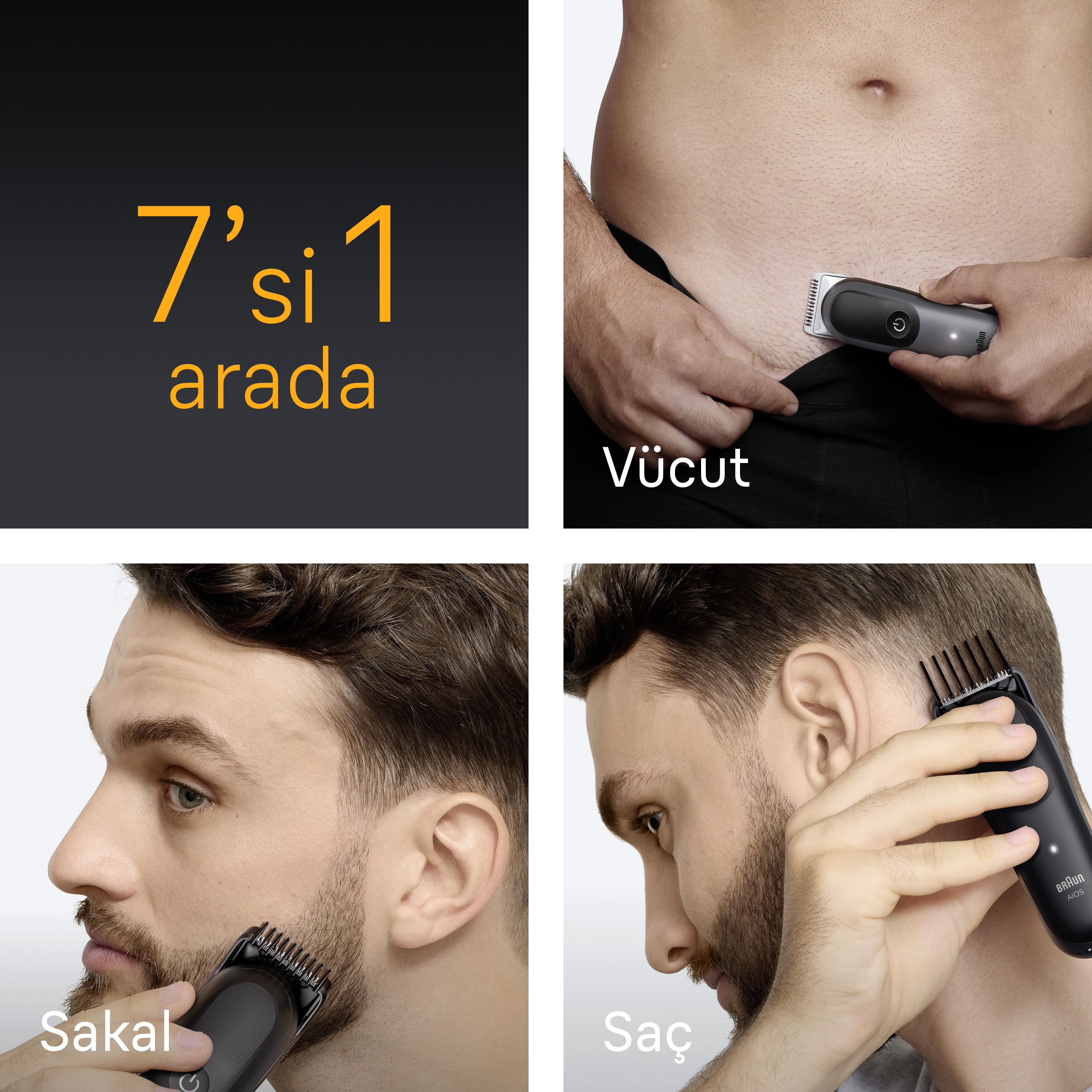 Görüntü, bir erkeğin vücudunda, sakalında ve saçında bir düzeltici kullandığını gösteriyor. Metin '7'si 1 arada' diyor.