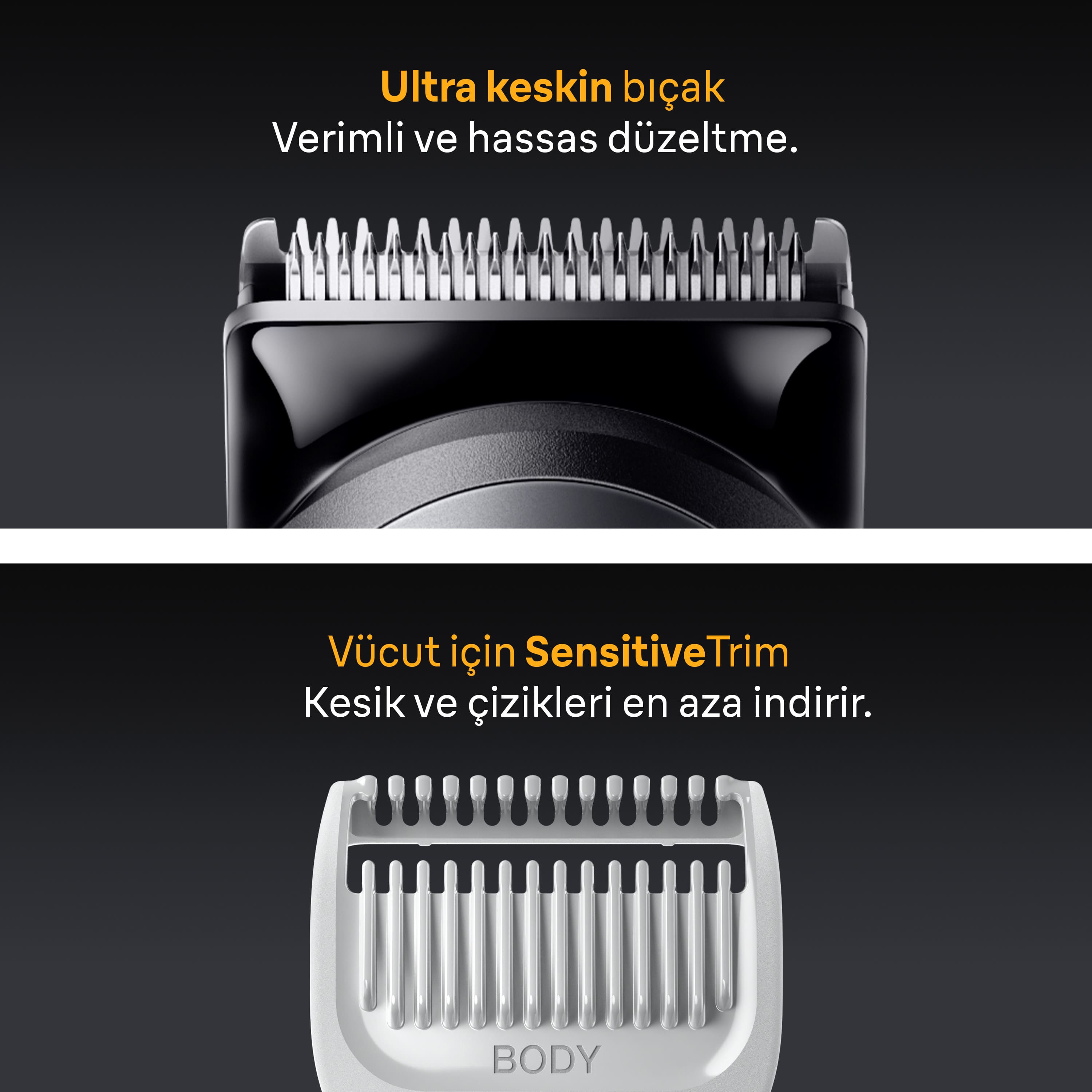 Siyah ve gümüş bir düzeltici yakın çekimi, metin: Ultra keskin bıçak, verimli düzeltme. Metinli beyaz düzeltici başlığı: BODY.