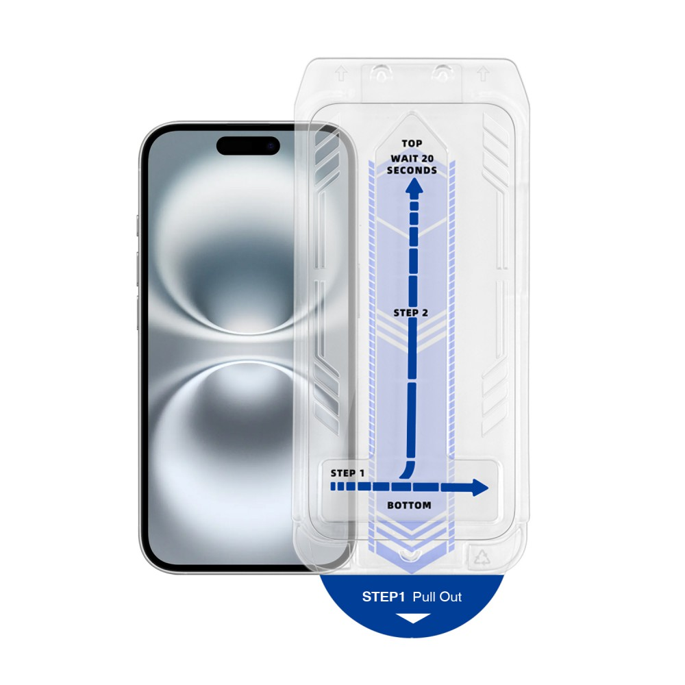 Egy telefon és egy képernyővédő felhelyező készlet. A készlet a képernyővédő felhelyezésének lépéseit mutatja.