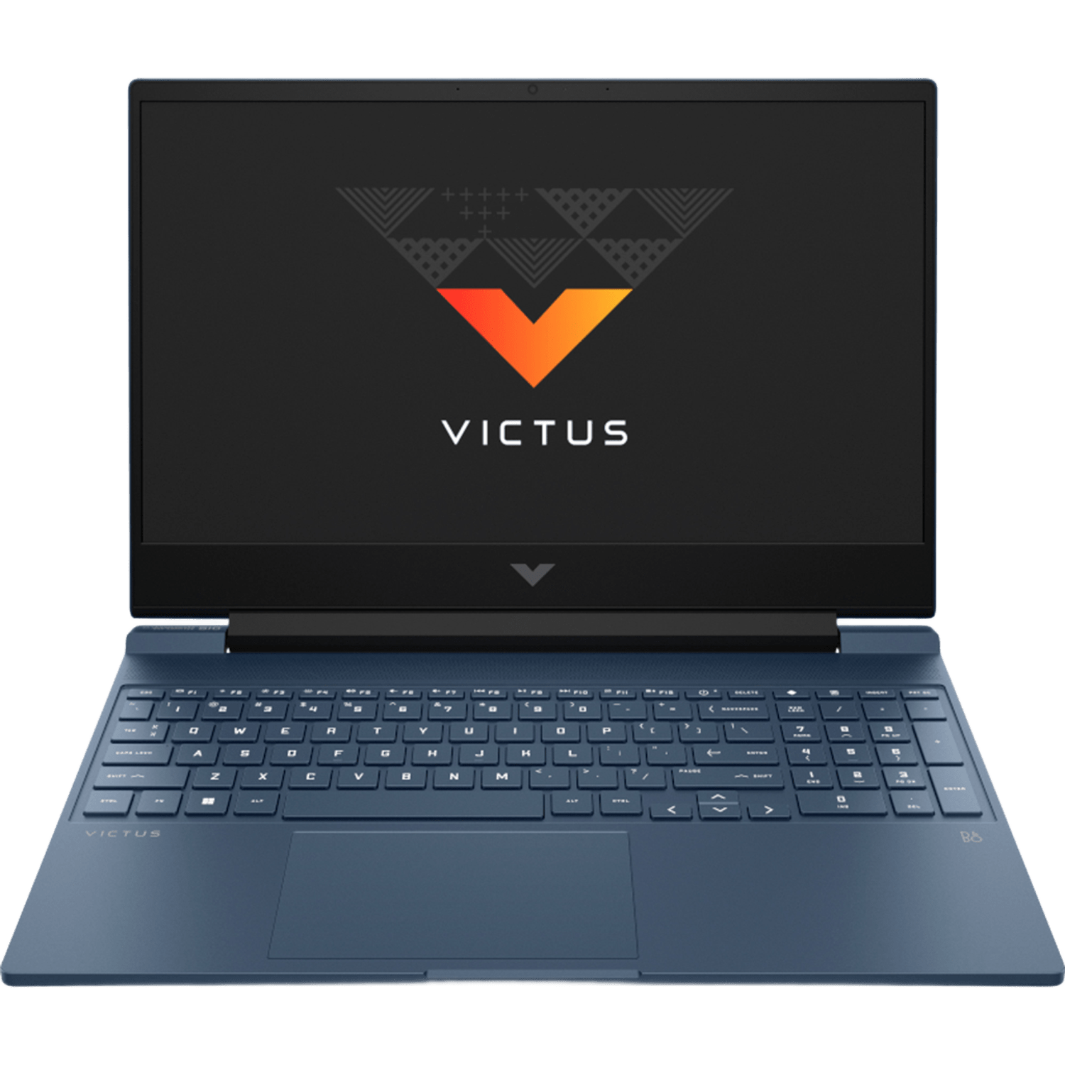 Se muestra un portátil Victus azul, con el logotipo en la pantalla. El teclado es visible, con la marca Victus en la esquina inferior izquierda.