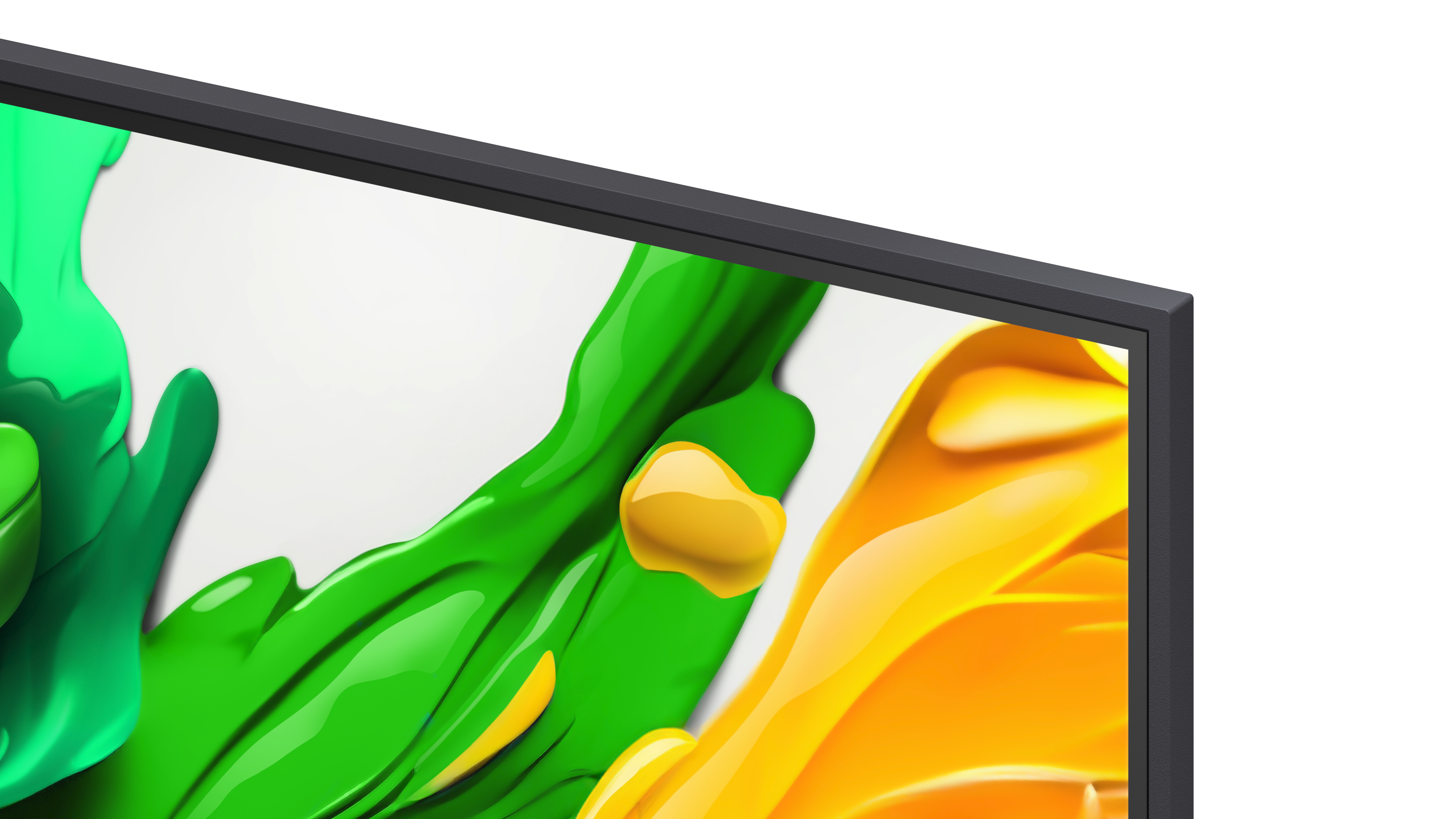 Zbliżenie ekranu telewizora z abstrakcyjnymi pociągnięciami zielonej i żółtej farby na białym tle. Czarna ramka obramowuje ekran.
