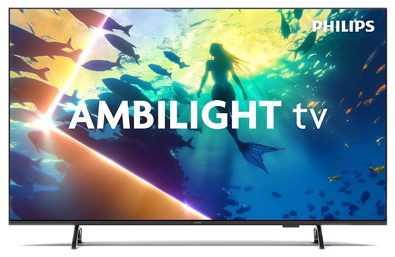 Ekran telewizora pokazuje syrenę w oceanie. Ryby pływają w pobliżu. Telewizor ma Ambilight i logo Philips.
