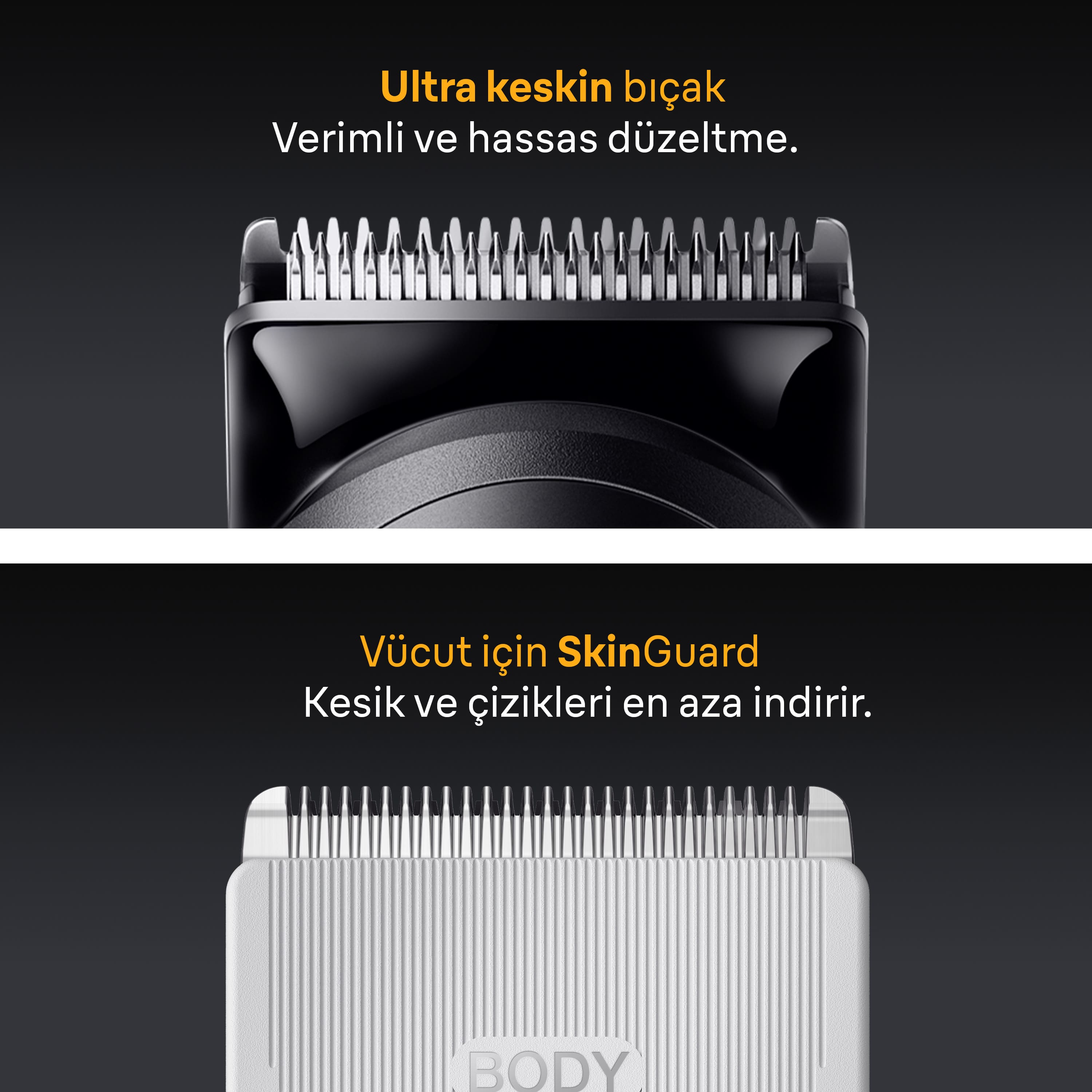 Bir düzeltici yakından görünümü. Üstte bıçak, altta vücut için SkinGuard, kesikleri azaltır.