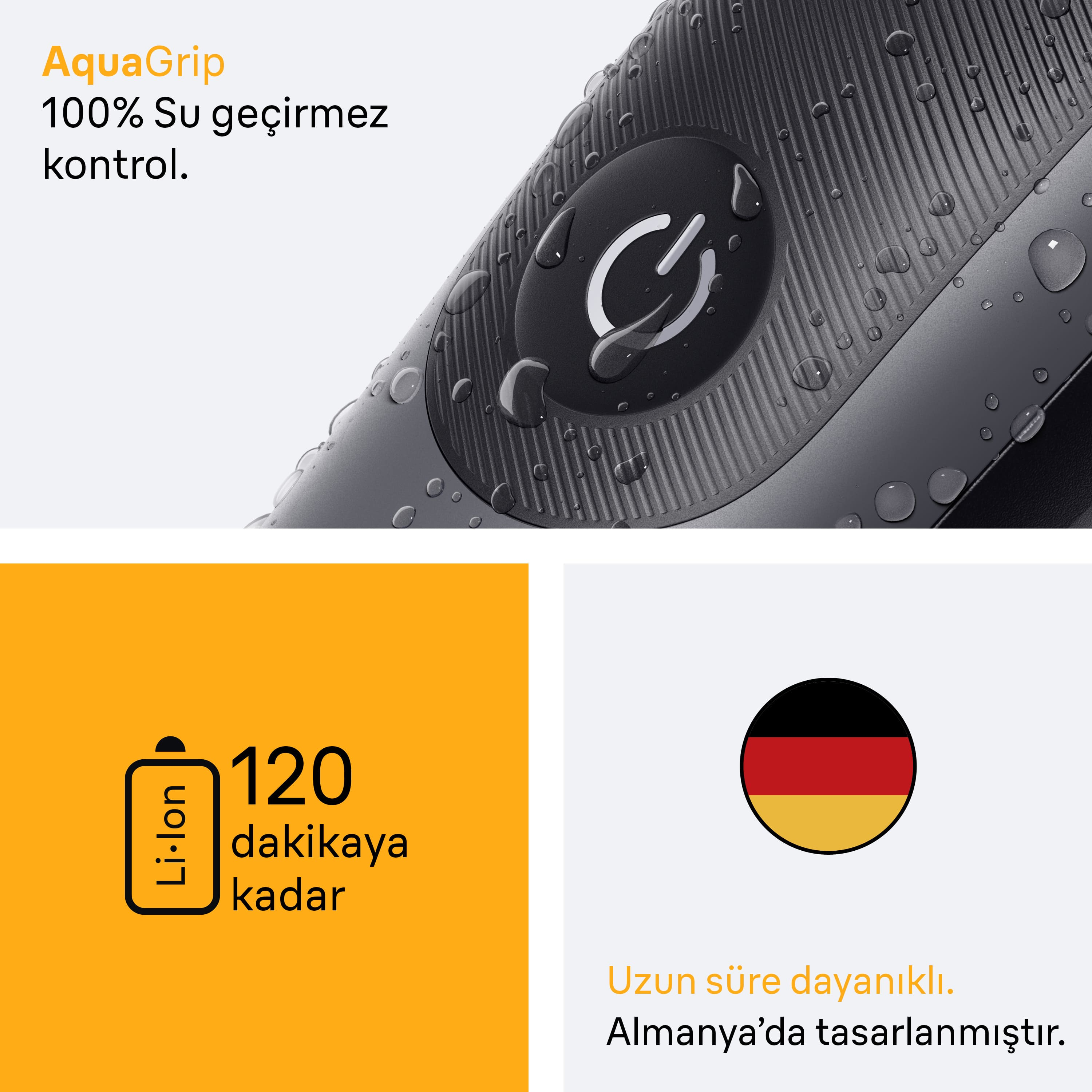 Su damlacıkları, güç düğmesi, metin ve Alman bayrağı olan bir elektrikli tıraş makinesi. Pil ömrünü ve suya dayanıklılığı gösterir.