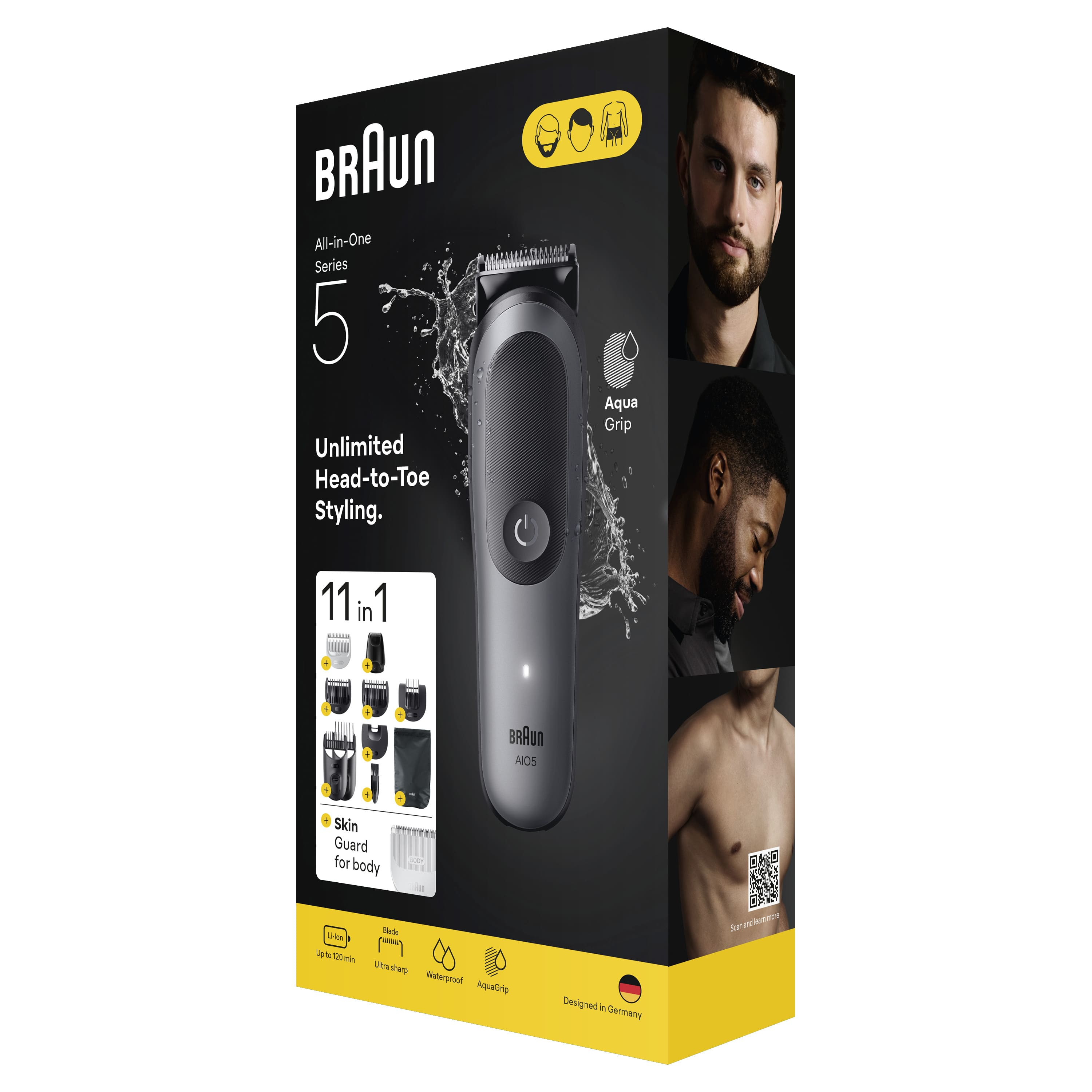 Braun All-in-One Series 5 kutusu, bir düzeltici ve erkek resimleri ile. Stil seçenekleri ve özellikleri içerir.