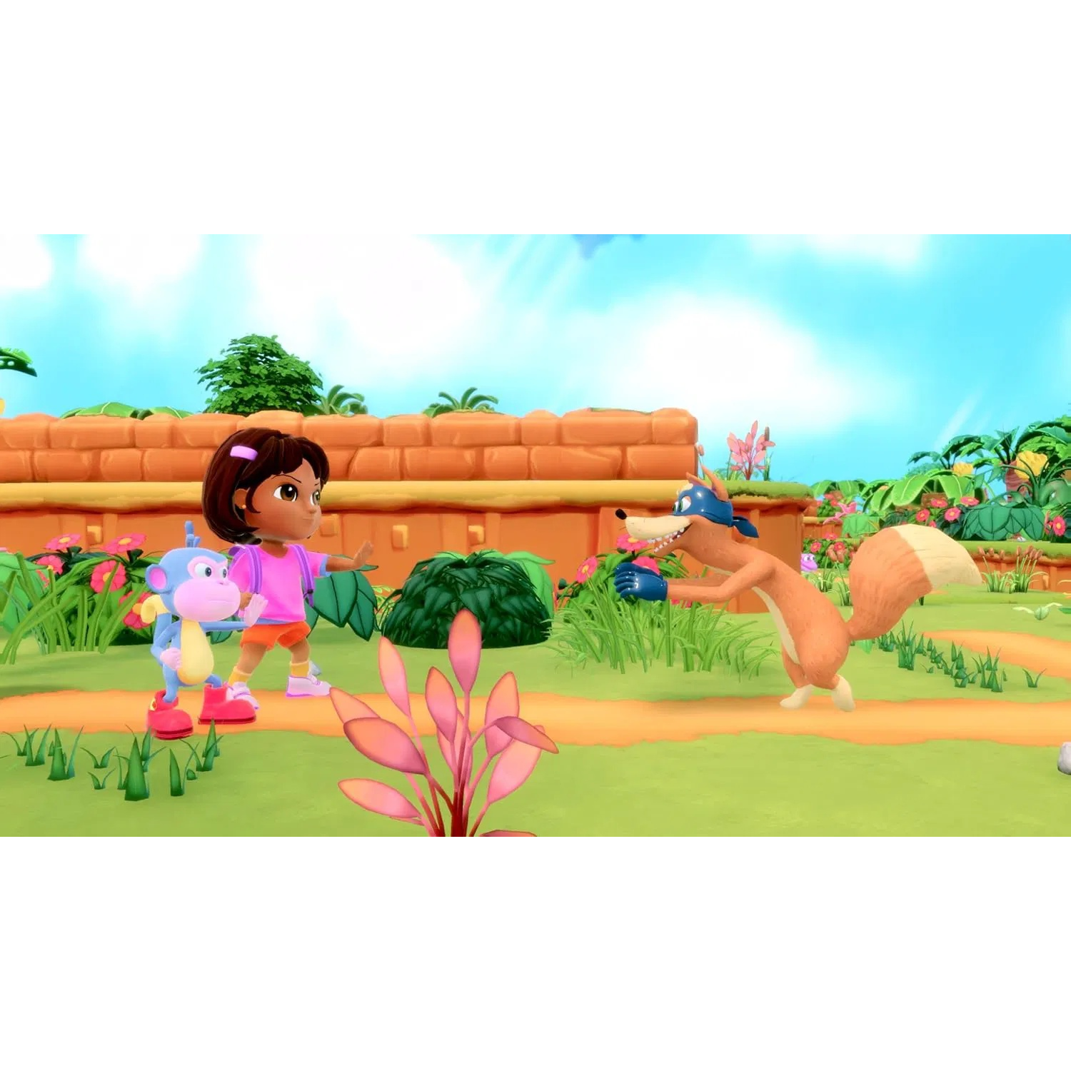 Dora en Boots staan tegenover een vos. Dora in roze, Boots blauw, vos met blauwe pet. Groen gras en bloemen op een zonnige dag.