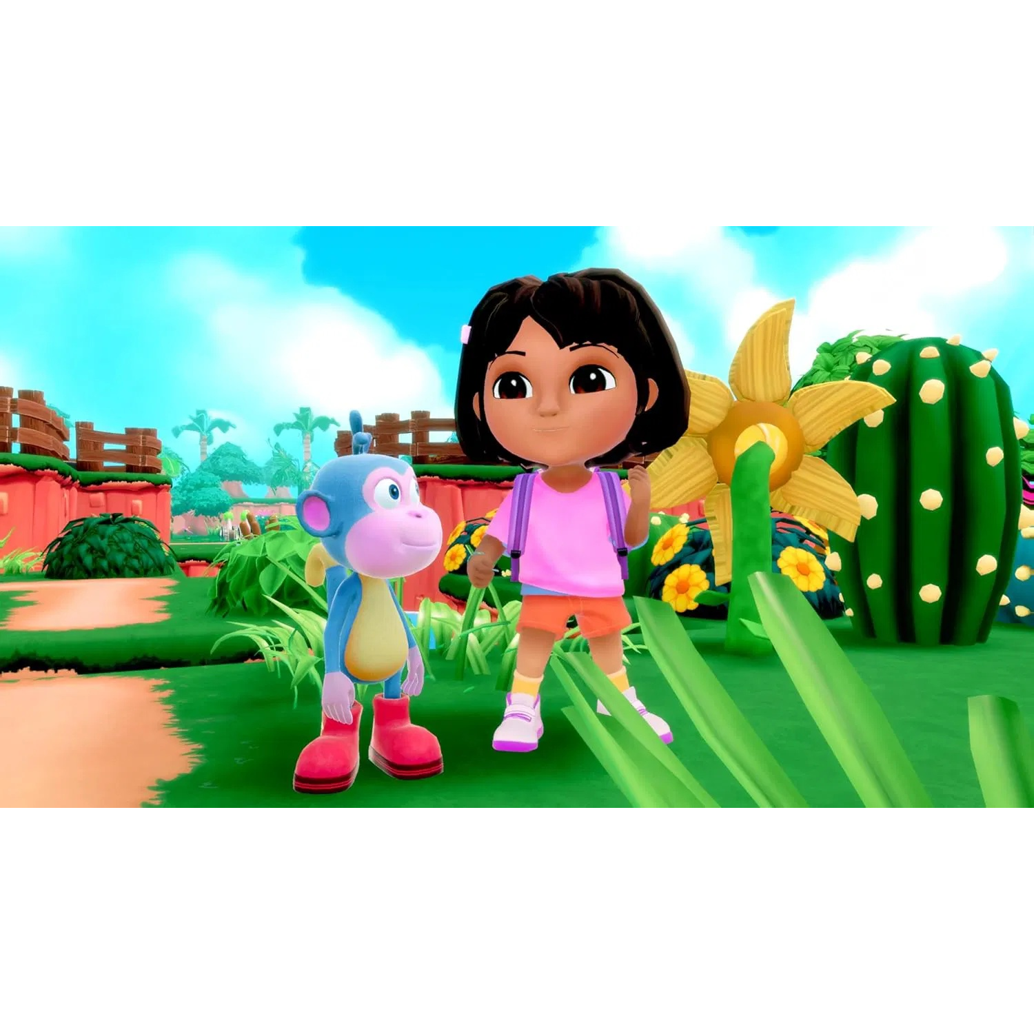 Dora en Boots staan in een tuin. Dora draagt roze en oranje. Boots is blauw en rood. Bloemen en cactus op de achtergrond.