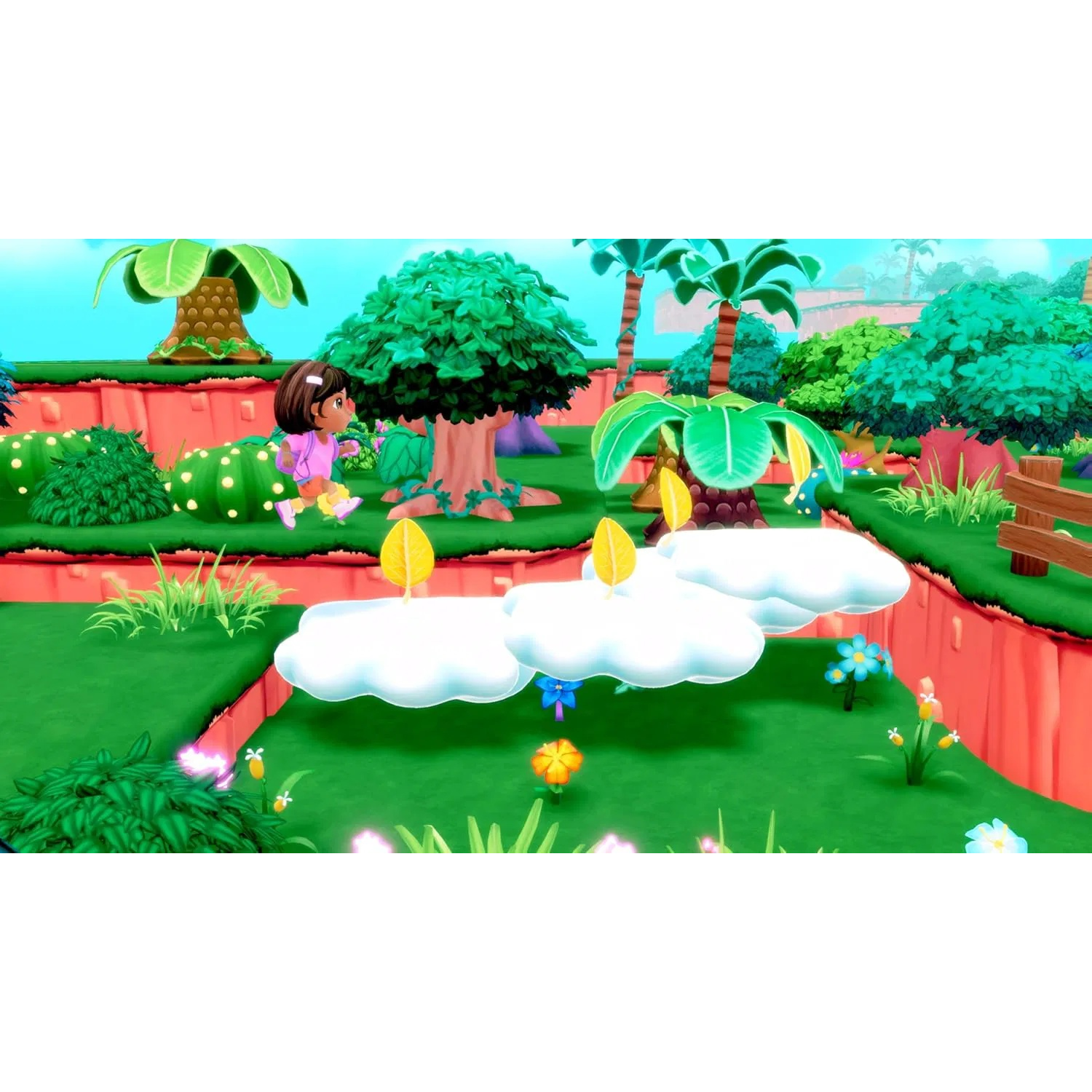 Dora springt over wolkenplatforms in een levendig, geanimeerd landschap met bomen, bloemen en een blauwe lucht.