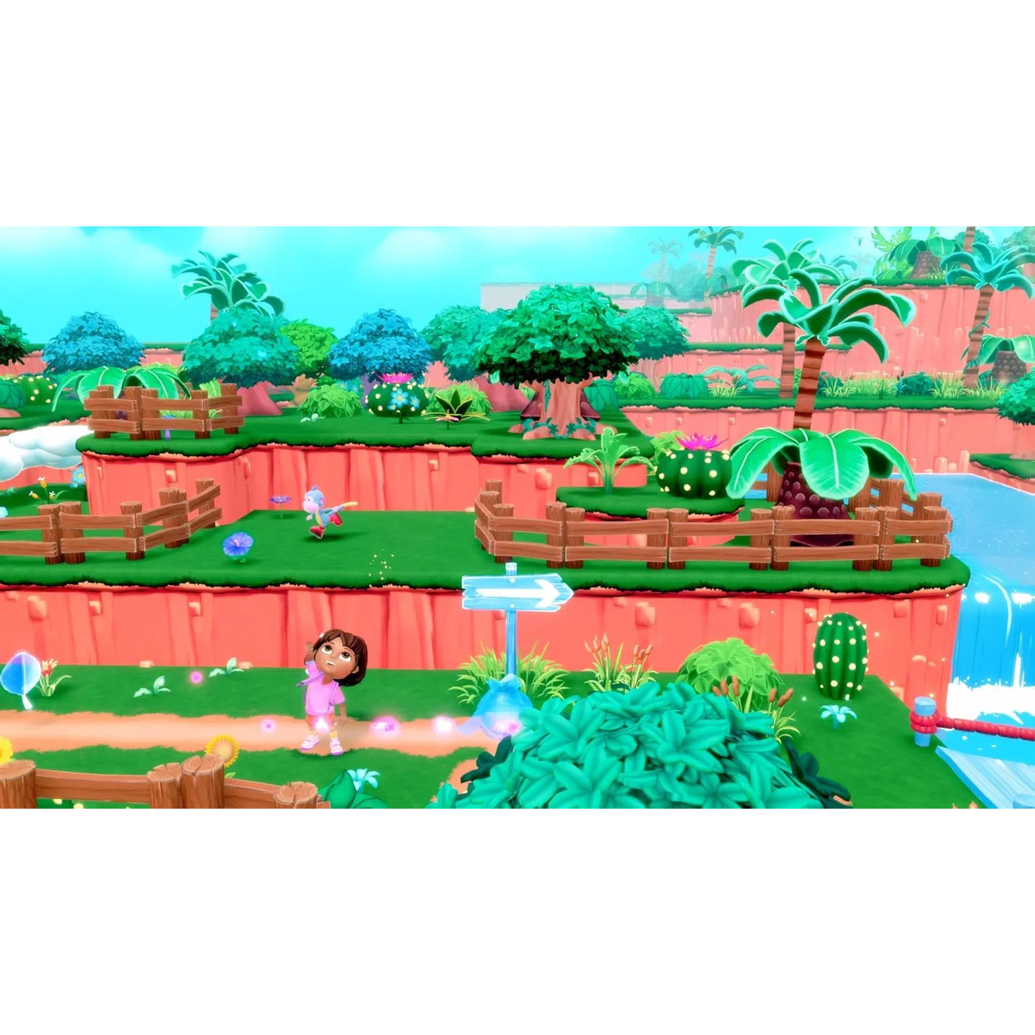 Een cartoonscène met een meisje in roze, paden, bomen, watervallen en een wegwijzer. Felle kleuren en gestileerd landschap.