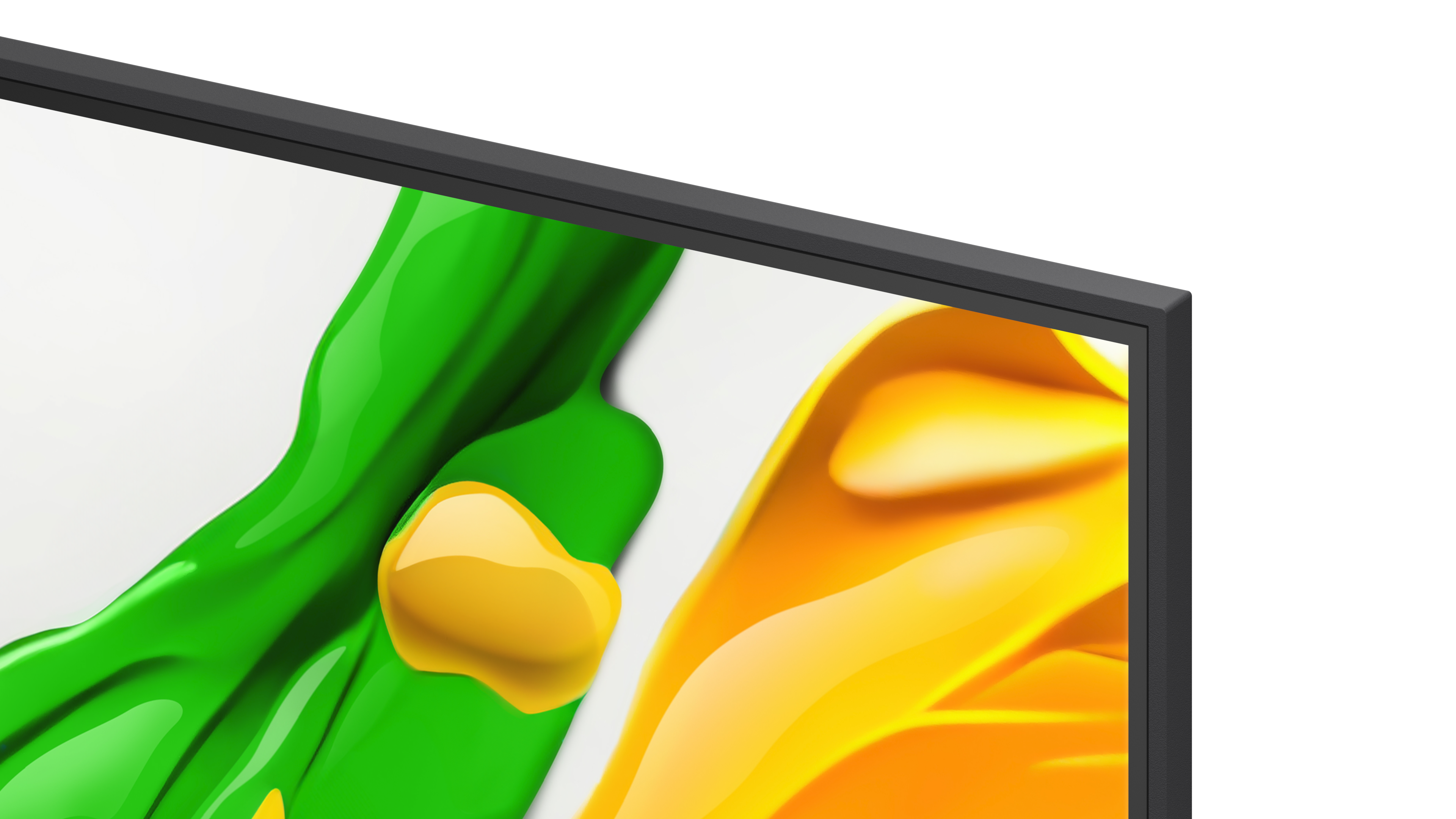 Czarna ramka telewizora z abstrakcyjnymi zielonymi i żółtymi kształtami na białym tle. Zbliżenie.