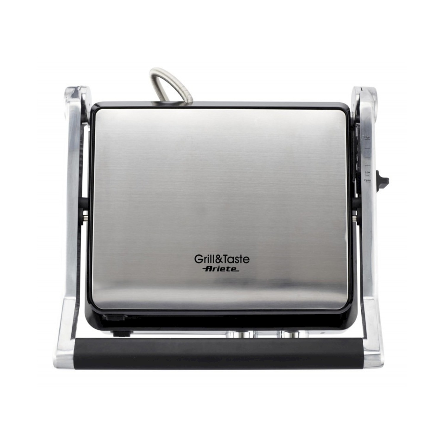 Una griglia Grill&Taste Ariete argento. Ha una maniglia in alto e una base nera. Il pannello di controllo è a destra.