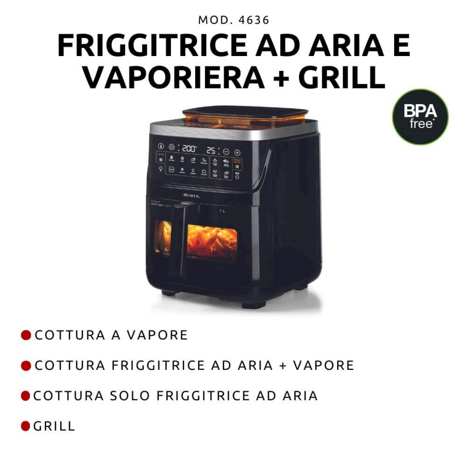 Friggitrice ad aria nera con display digitale, funzioni vapore e grill, ed etichetta senza BPA. Il testo include i metodi di cottura.