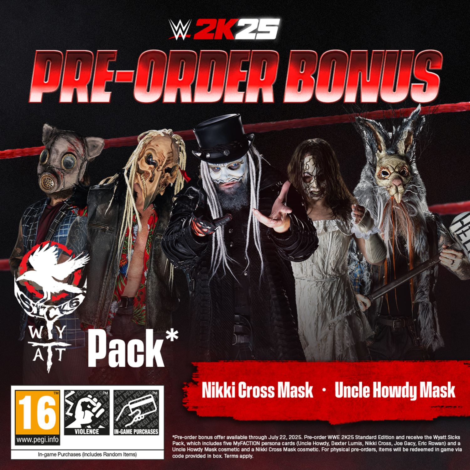 Promotieafbeelding voor WWE 2K25. Toont gemaskerde figuren, een ravenlogo en tekst over pre-order bonussen.