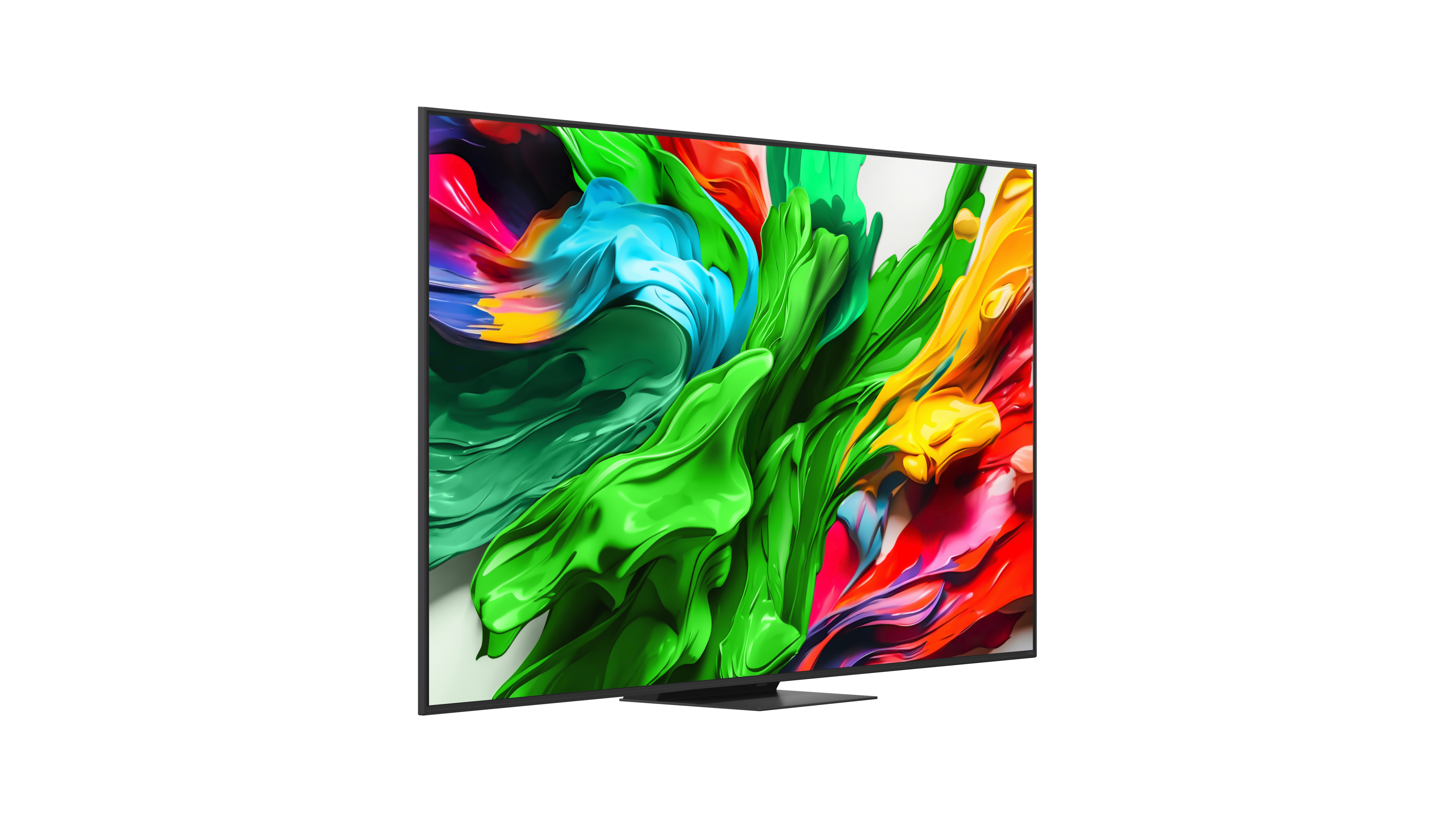 Nowoczesny telewizor wyświetla kolorową sztukę abstrakcyjną, głównie zieloną, niebieską, żółtą i czerwoną, na białym tle.