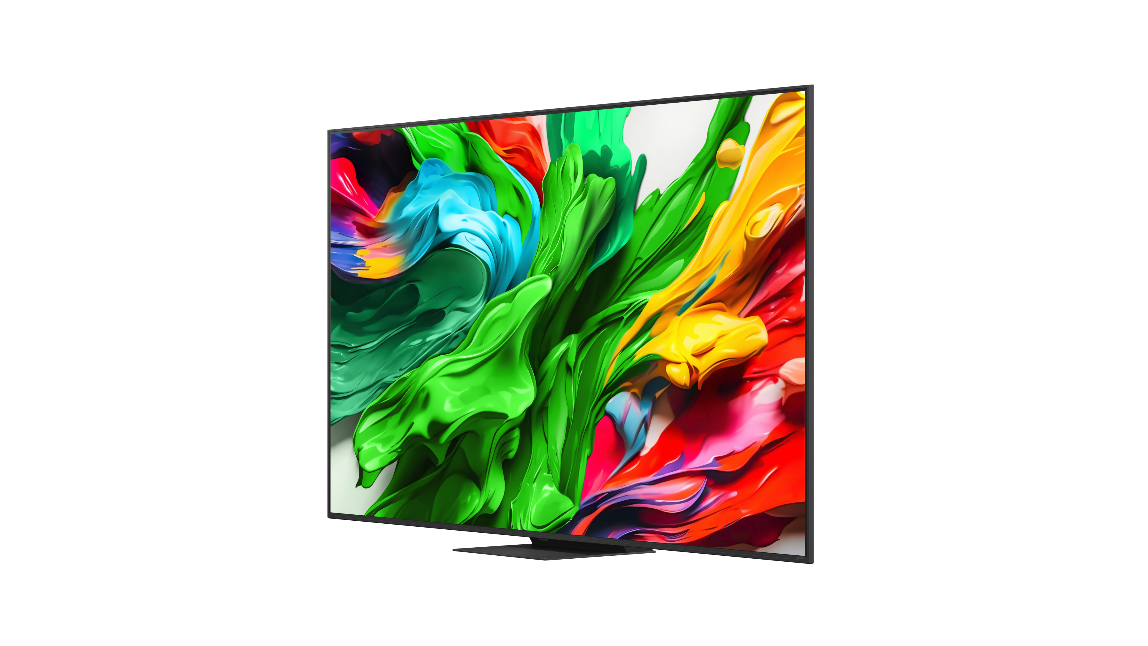 Nowoczesny telewizor wyświetla abstrakcyjną sztukę z żywymi kolorami, takimi jak zielony, żółty i czerwony. Telewizor jest na białym tle.