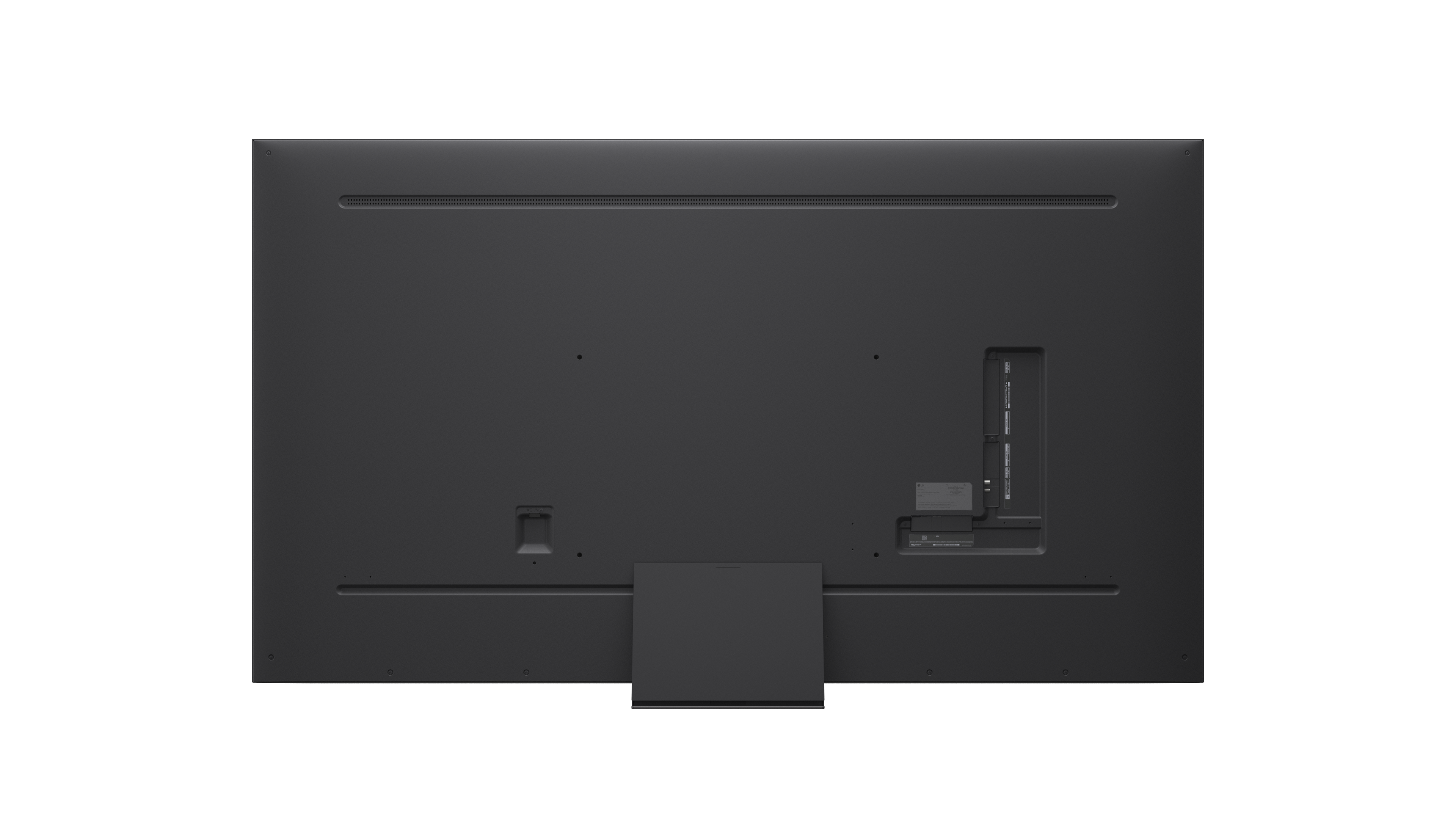 Tył dużego, ciemnoszarego telewizora. Widoczne porty i stojak. Powierzchnia jest w większości płaska.