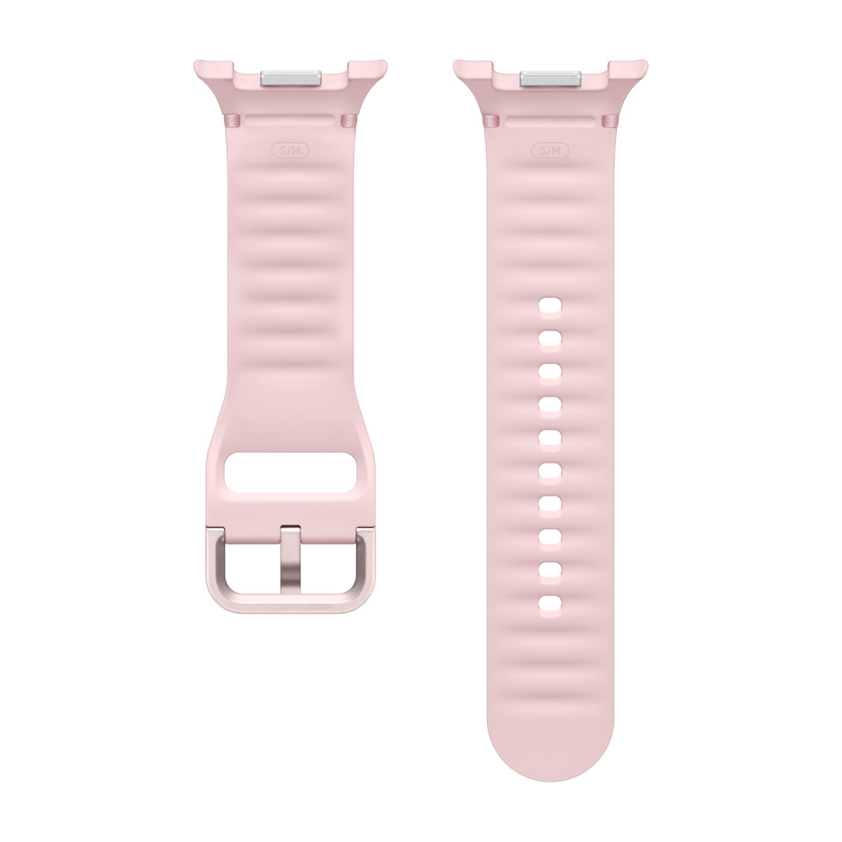 İki açık pembe saat kayışı. Birinde toka, diğerinde delikler var. Her ikisinde de 'S/M' işareti var.