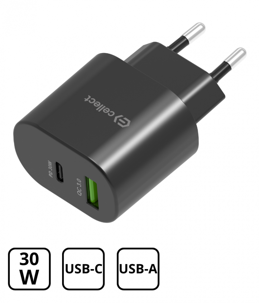CELLECT hálózati töltő adapter PD30W/QC3.0 18W, fekete (MTCB-PD30WNE-BK)
