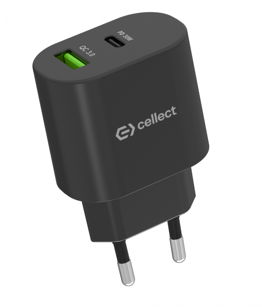 Fekete telefontöltő zöld QC 3.0 porttal, PD 30W porttal és ezüst tüskékkel. A 'cellect' márkanév látható.