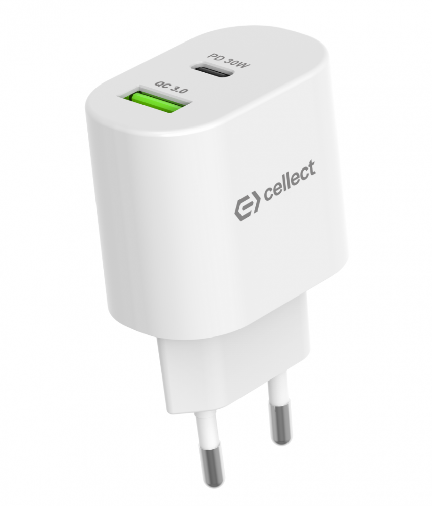 Fehér celllect töltő két porttal: QC 3.0 (zöld) és PD 30W. Európai dugóval rendelkezik.