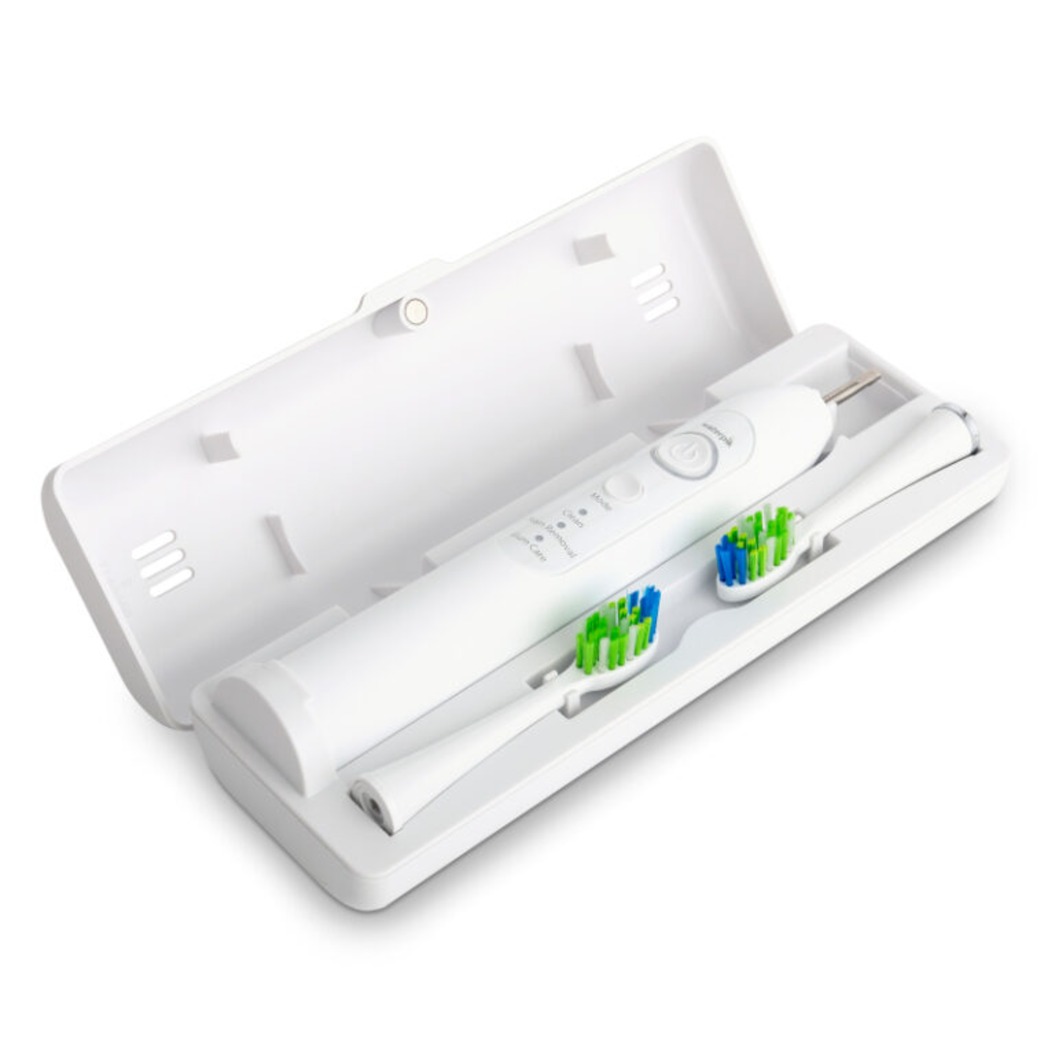 Witte elektrische tandenborstel in open etui. Twee borstelkoppen met groene en blauwe borstelharen. Knoppen op de handgreep.
