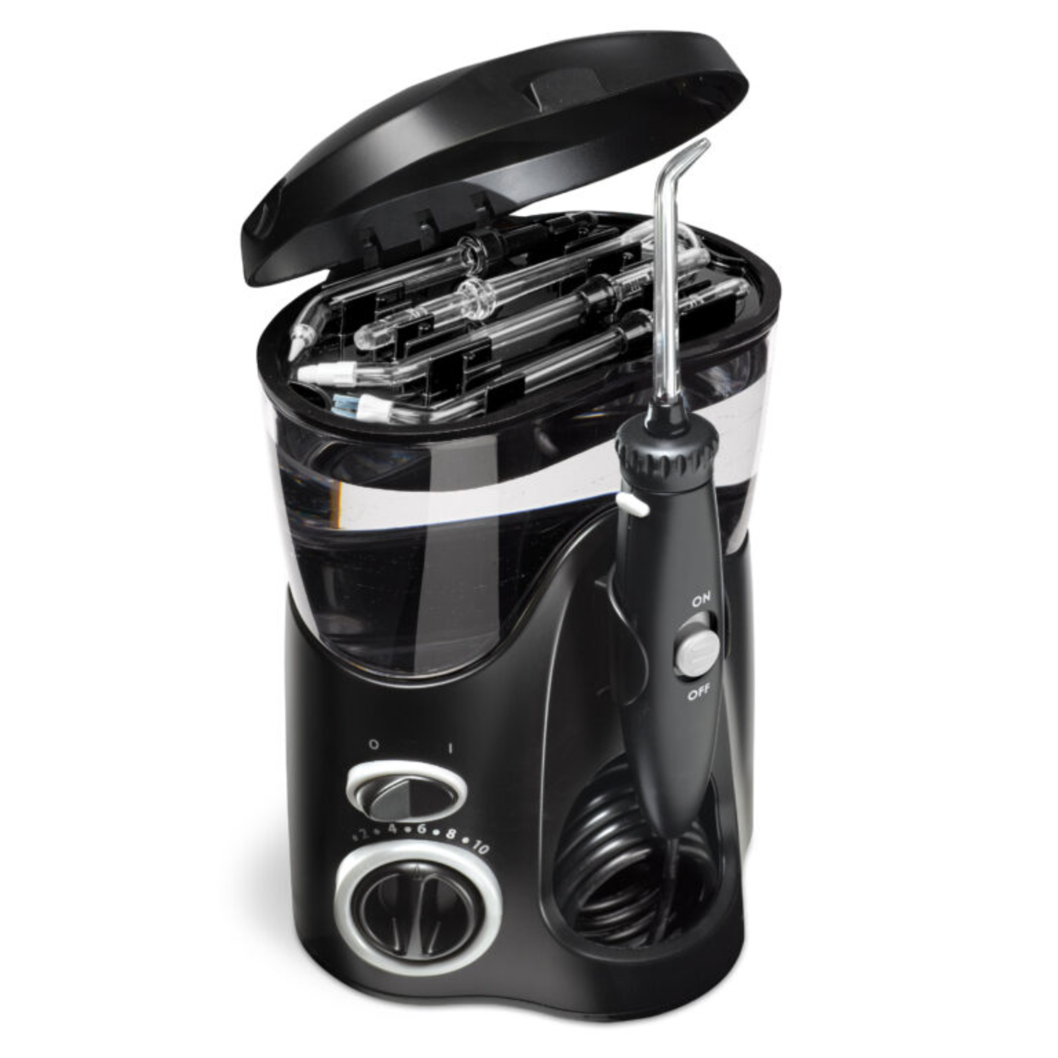 Zwarte waterflosser met open deksel, toont reserve tips. Handvat met aan/uit-knop. Draaiknoppen aan de basis en slang.