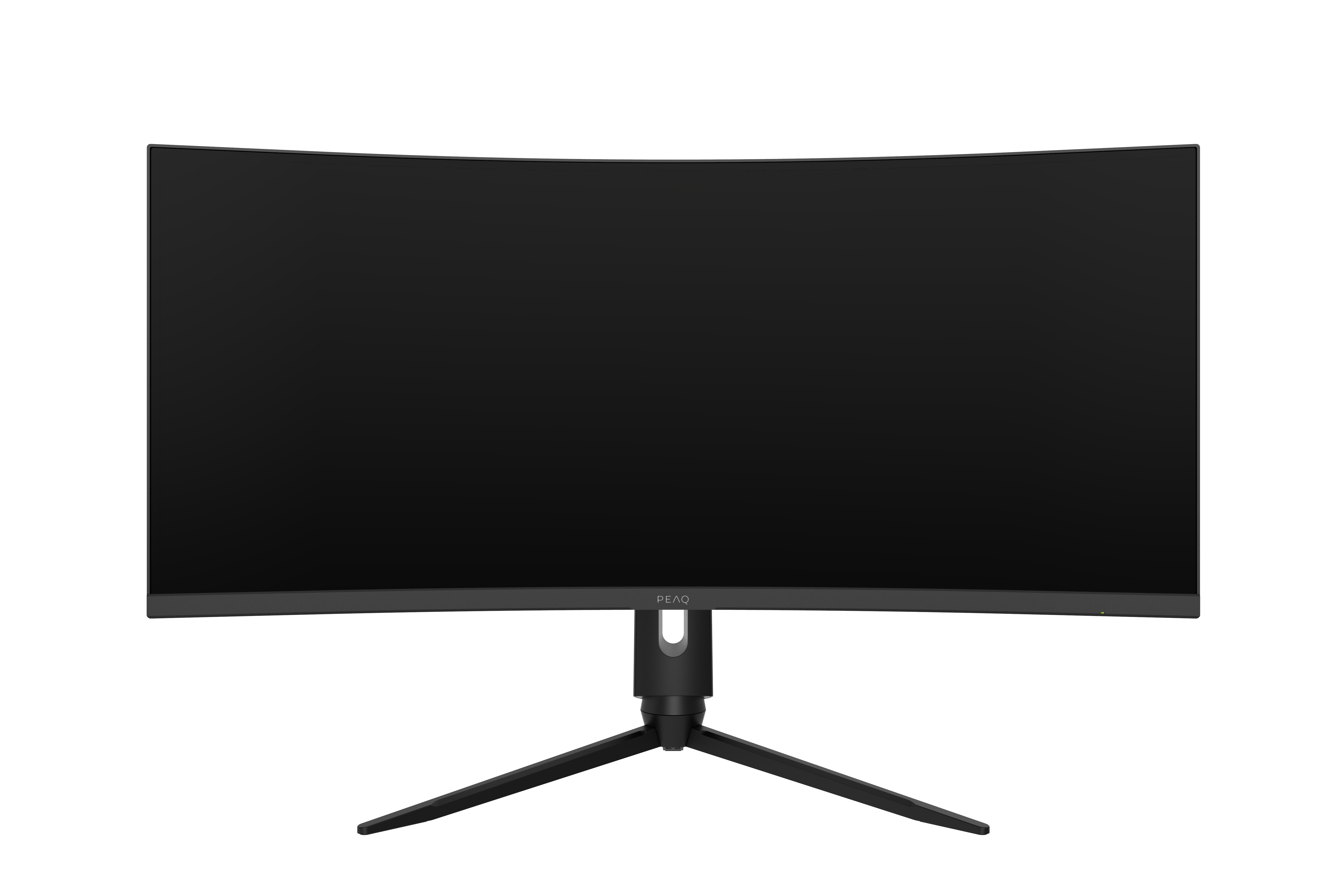 Zakrzywiony czarny monitor komputerowy jest wyśrodkowany na czarnym tle. Monitor ma czarną podstawę.