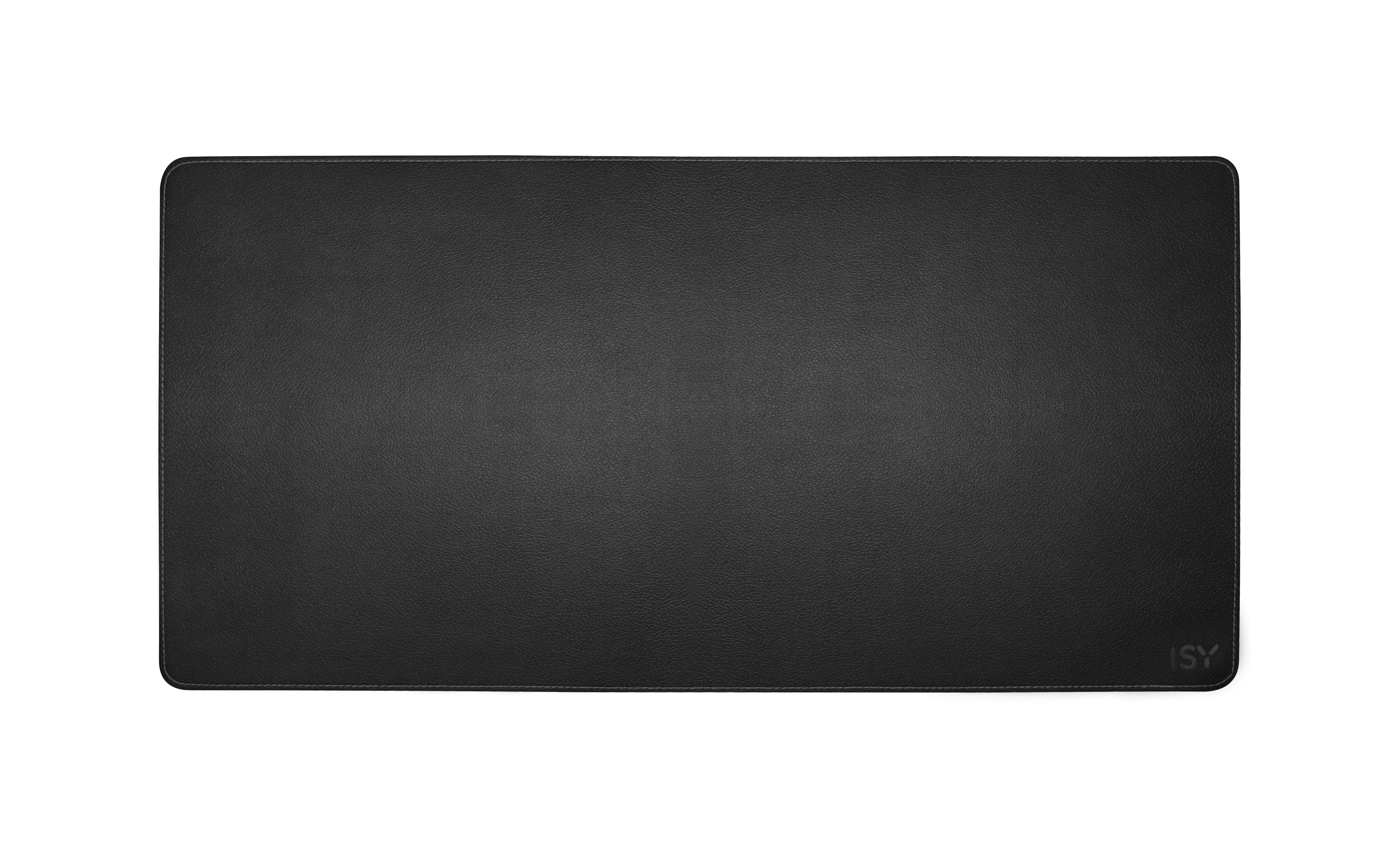 Ein schwarzes rechteckiges Mauspads mit strukturierter Oberfläche auf weißem Hintergrund. Die Buchstaben "ISY" sind sichtbar.