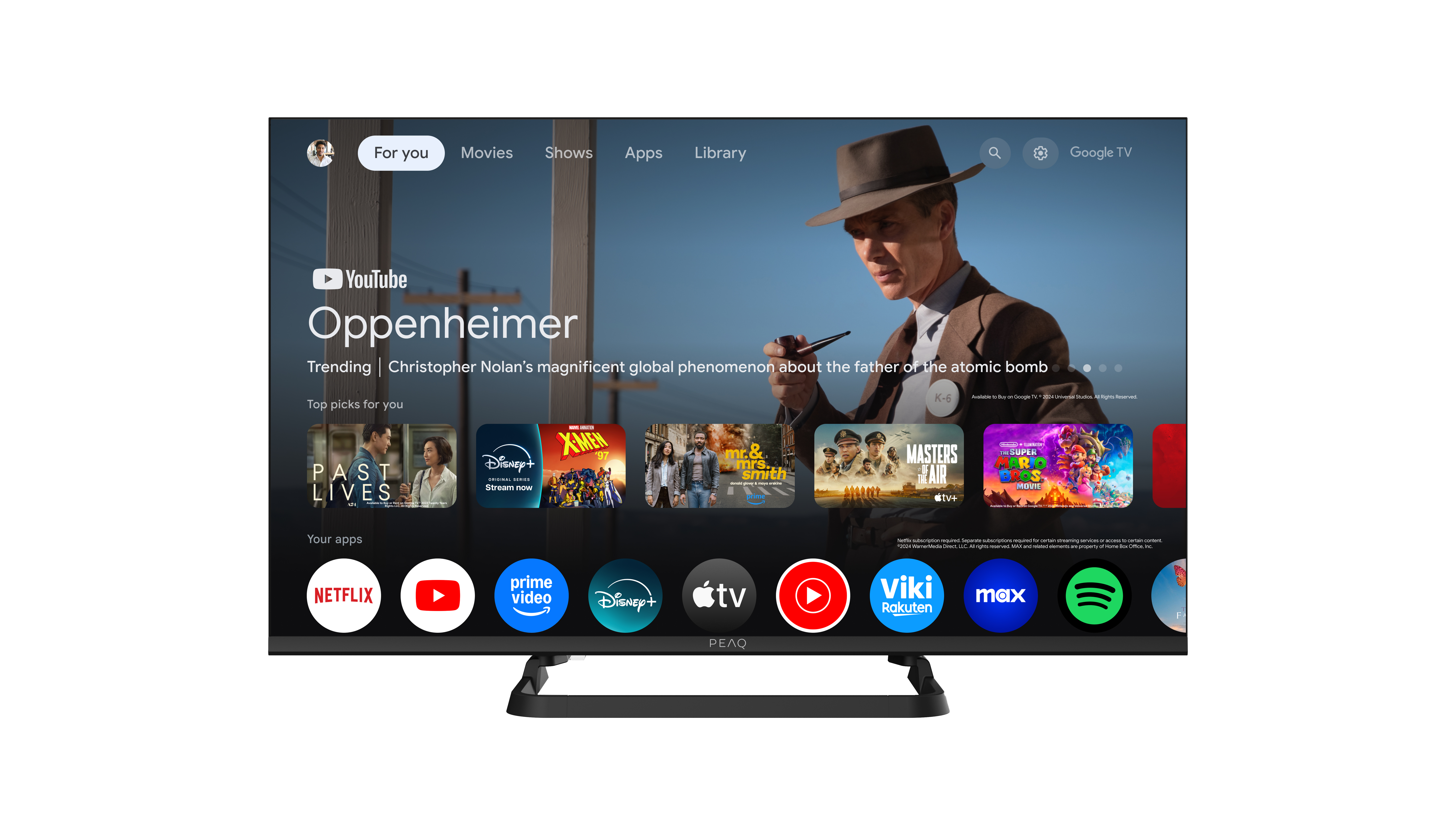 Ein Fernseher zeigt den Film 'Oppenheimer'. Darunter befinden sich App-Symbole wie Netflix, YouTube und Disney+.