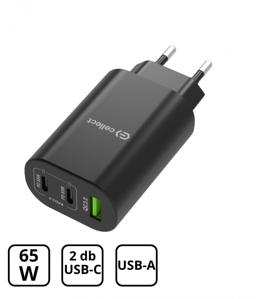 CELLECT hálózati töltő adapter gyorstöltő funkcióval 65W, fekete (MTCB-PD65WNE-BK)