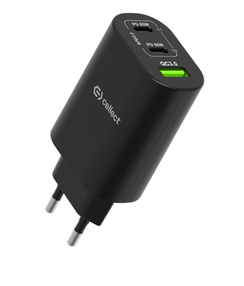 Fekete telefon töltő, két porttal, címkékkel és ezüst csatlakozókkal. A QC3.0 port zölden világít. Fehér háttér.