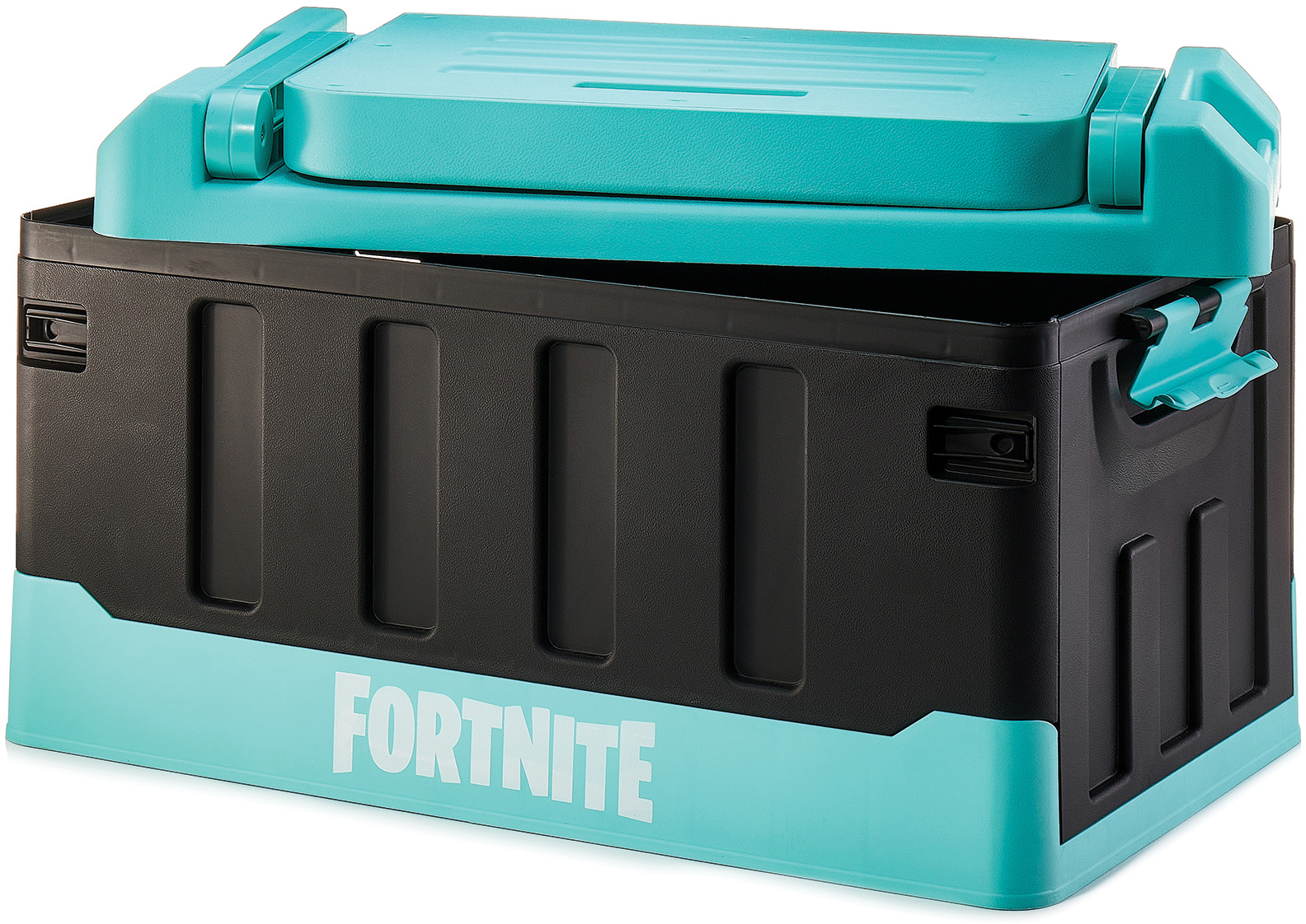 Egy fekete és türkiz Fortnite tárolódoboz. A fedél nyitva van. A FORTNITE szó a türkiz aljára van nyomtatva.