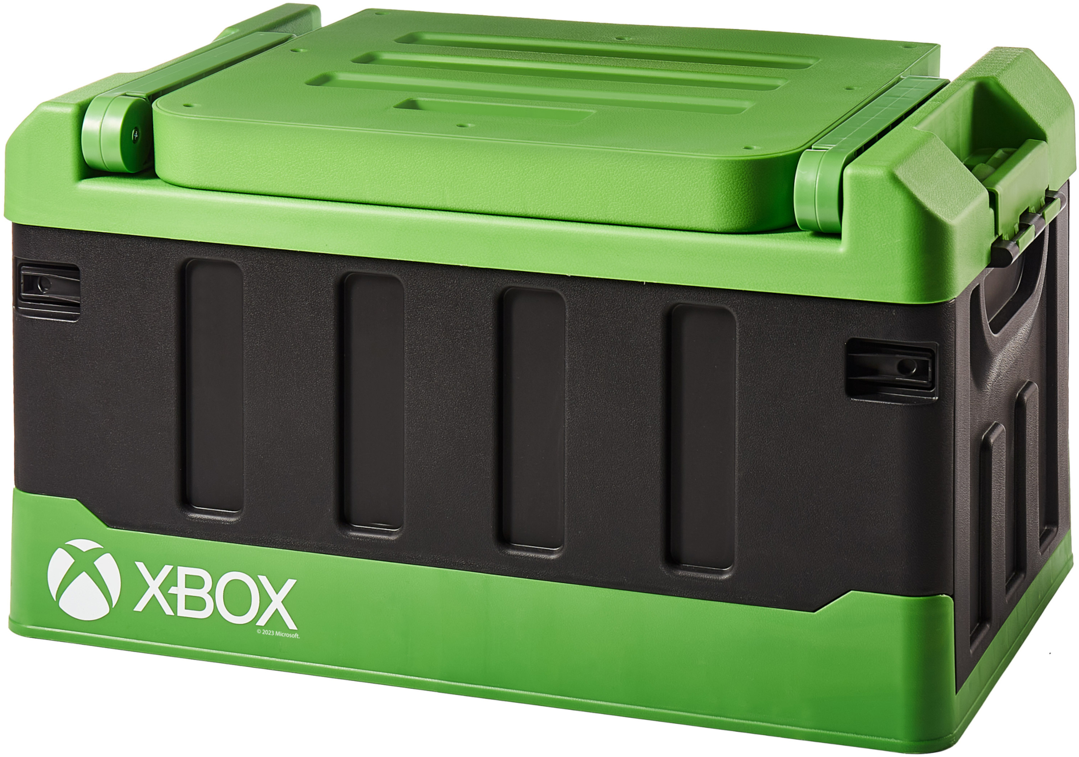 Zöld és fekete Xbox tárolódoboz. Fedéllel és fogantyúval rendelkezik, az Xbox logóval az elején.