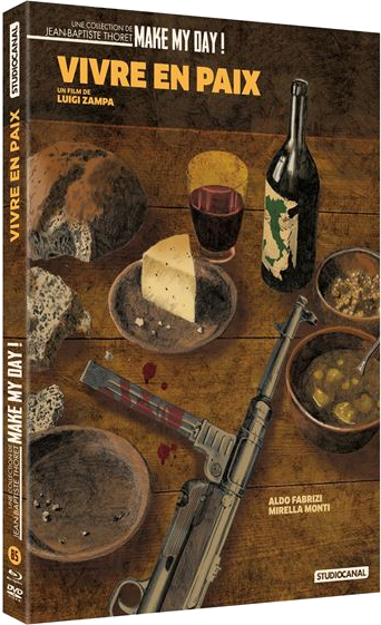 Couverture DVD : Nourriture et arme à feu sur une table. Bouteille, pain, fromage et soupe avec une mitraillette. Le titre du film est "Vivre en Paix".
