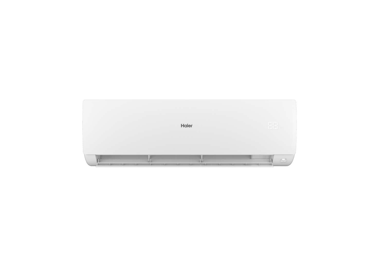 Un aire acondicionado blanco Haier sobre un fondo gris. Tiene una pantalla digital y rejillas de ventilación.