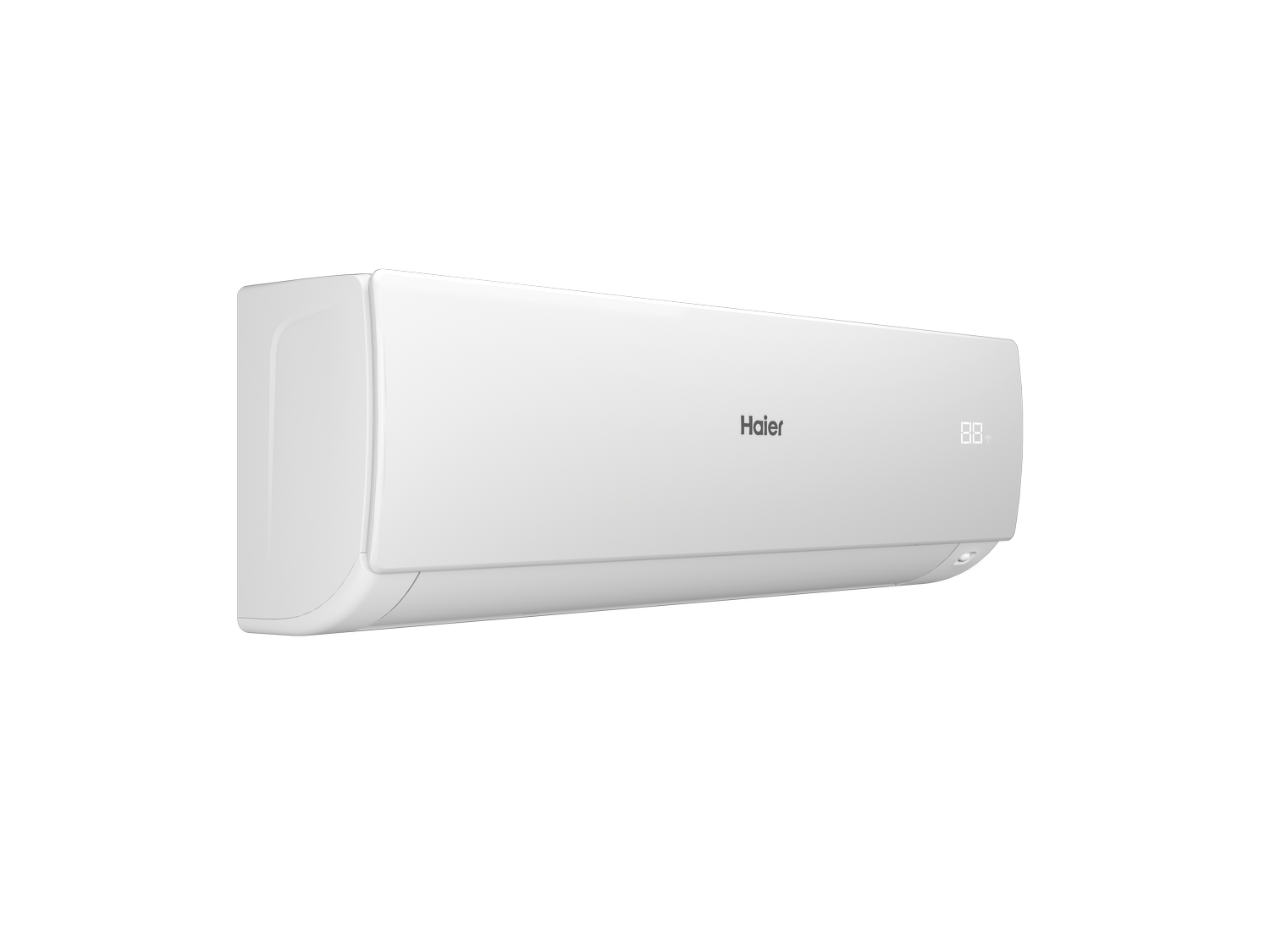 Un acondicionador de aire Haier blanco sobre un fondo gris. La unidad muestra la marca y una pantalla digital de temperatura.