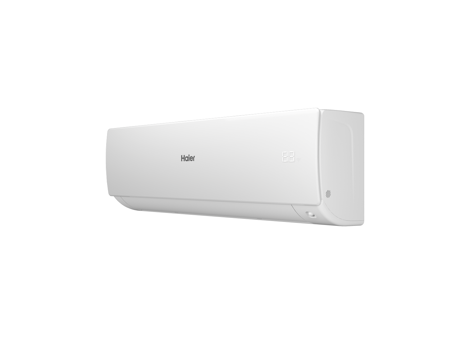 Un aire acondicionado blanco Haier sobre fondo gris. Tiene una pantalla digital y una ventilación.
